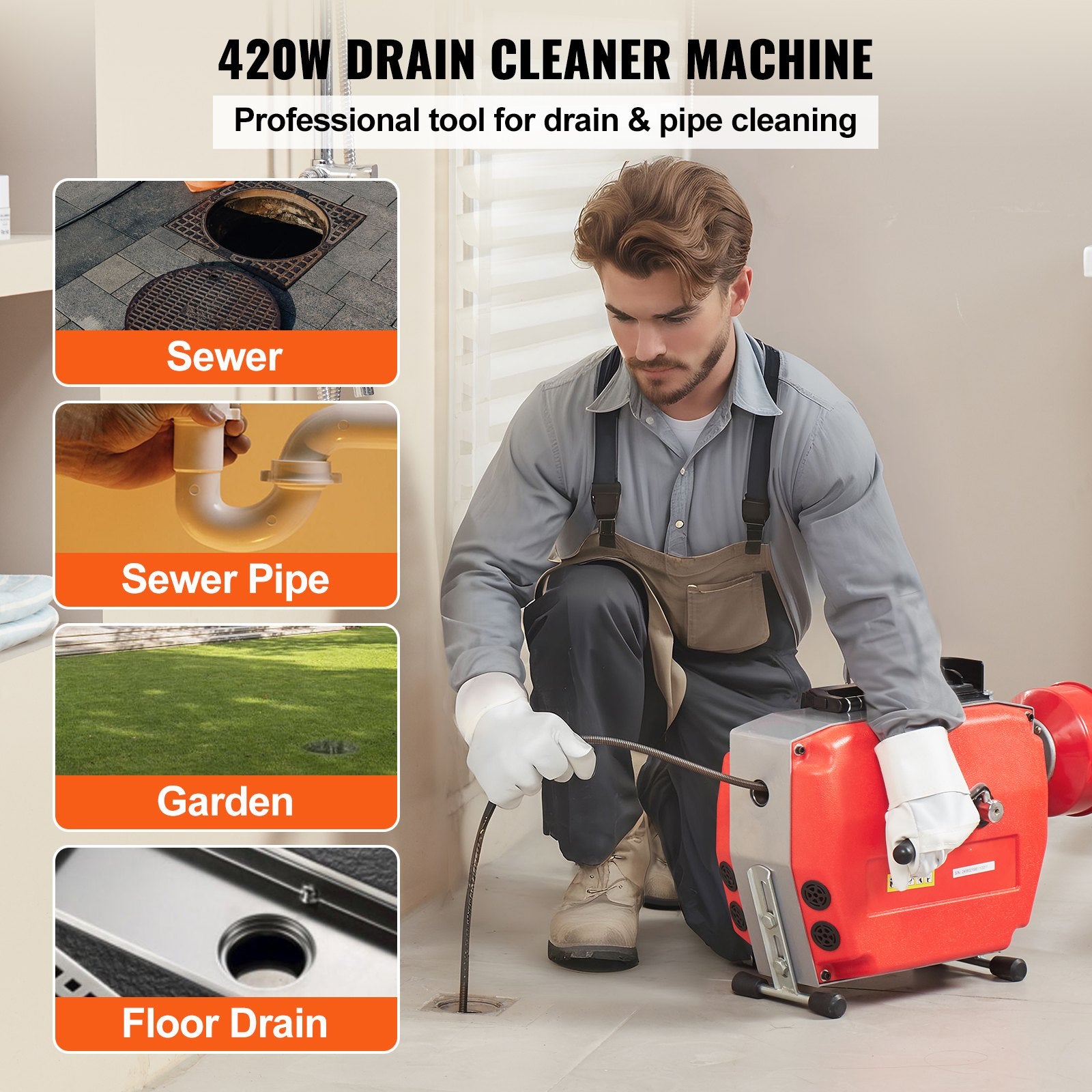 Gardening Tools: VEVOR Drain Cleaner Machine 120FT x 7/8" 420W Sewer Snake Auger Manual Feed