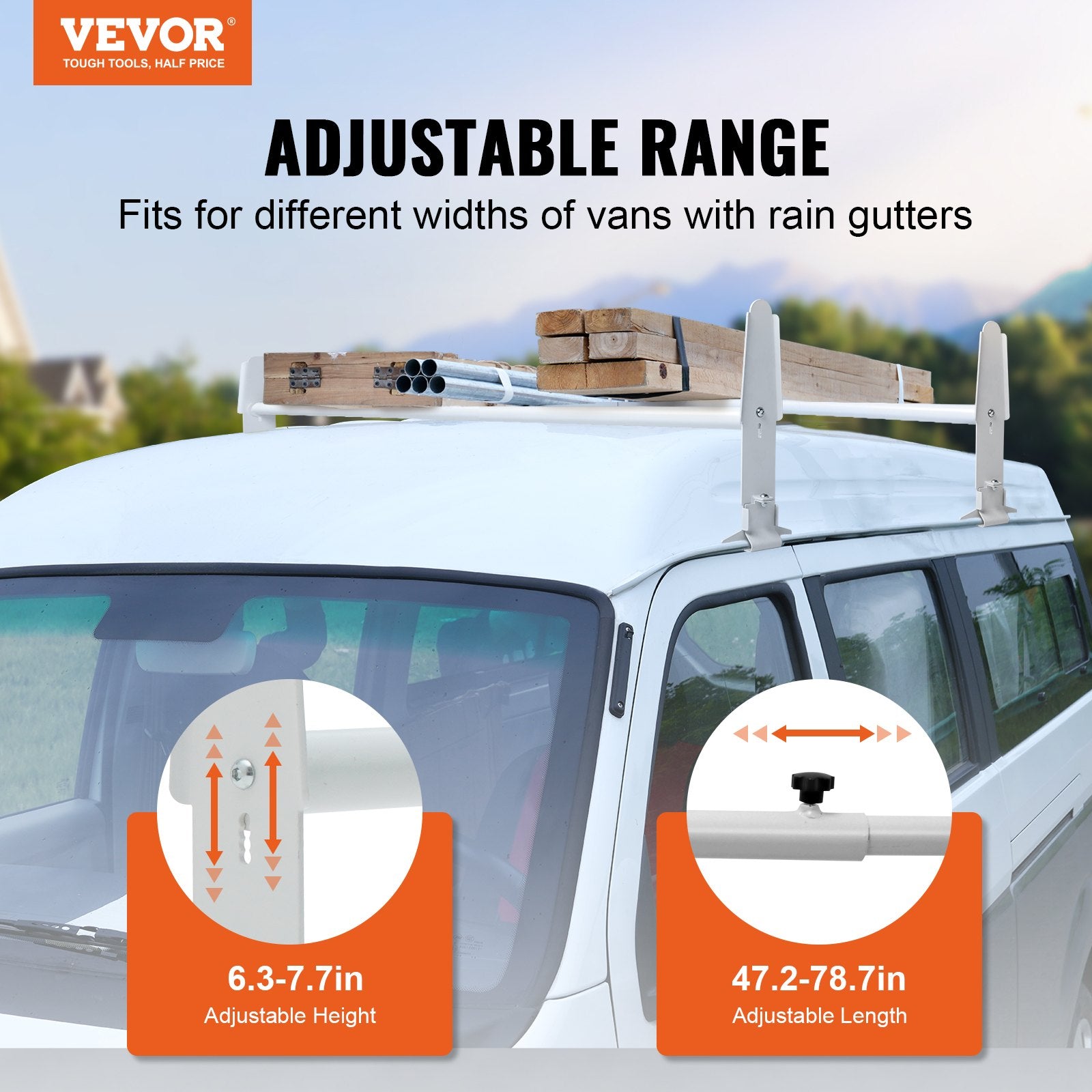 Cross Bar: VEVOR 2-Bar Van Roof Ladder Rack Alloy Adjustable 47.2"-78.7" for Full-Size Vans