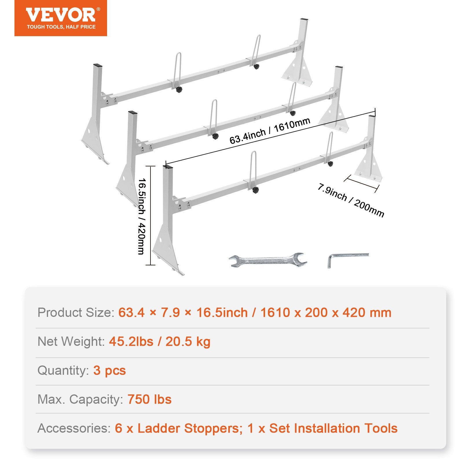 Cross Bar: VEVOR 3-Bar Van Roof Ladder Rack Adjustable 56.3"-61.4" for Full-Size Vans