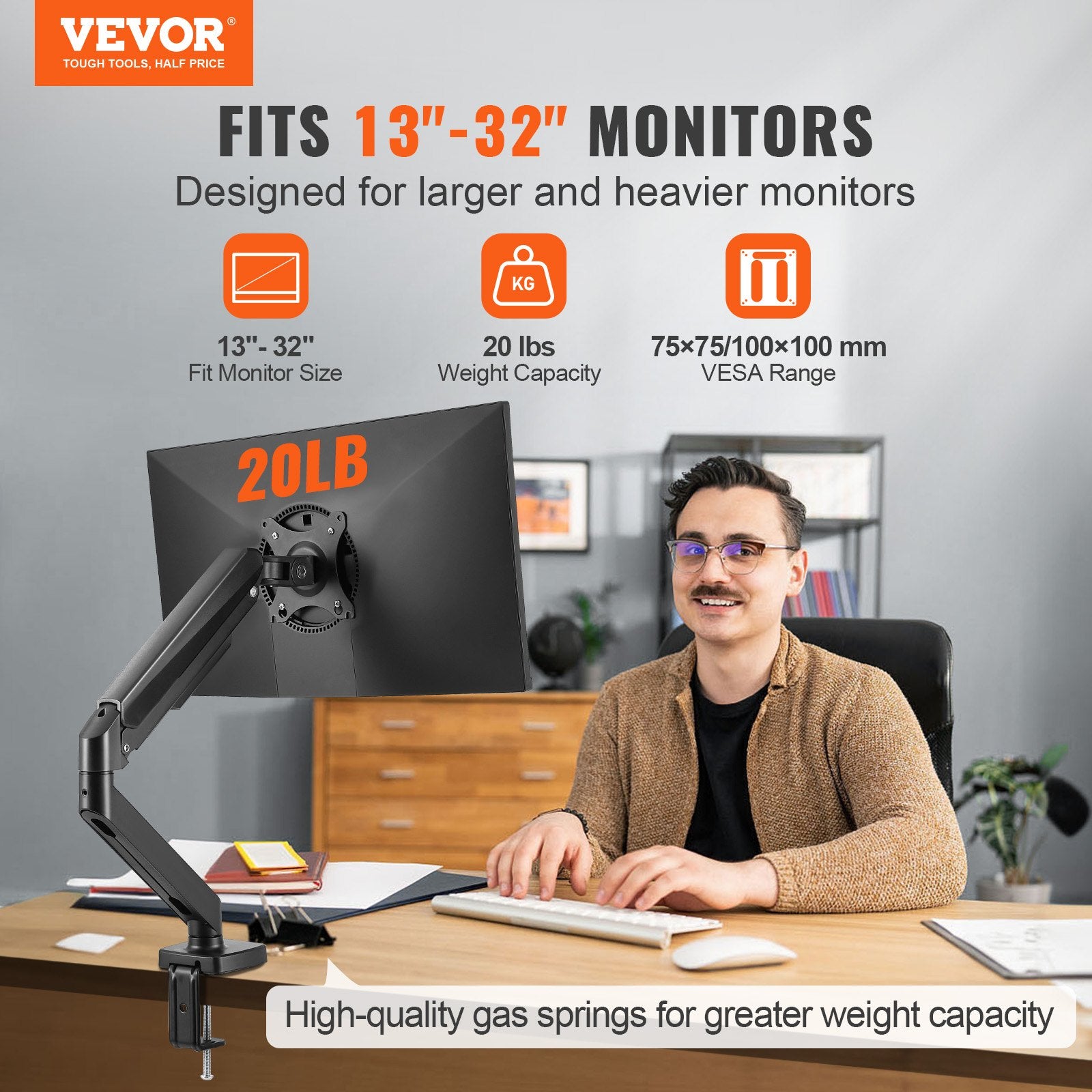 Computer Monitors & Accessories: VEVOR Single Monitor Mount, Supports 13"-32", 330-813 mm Screen, Fully Adjustable Gas Spring Monitor Arm, Hold up to 9.1 kg, Computer Monitor Stand Holder with C-Clamp/Grommet Mounting Base, VESA Mount Bracket