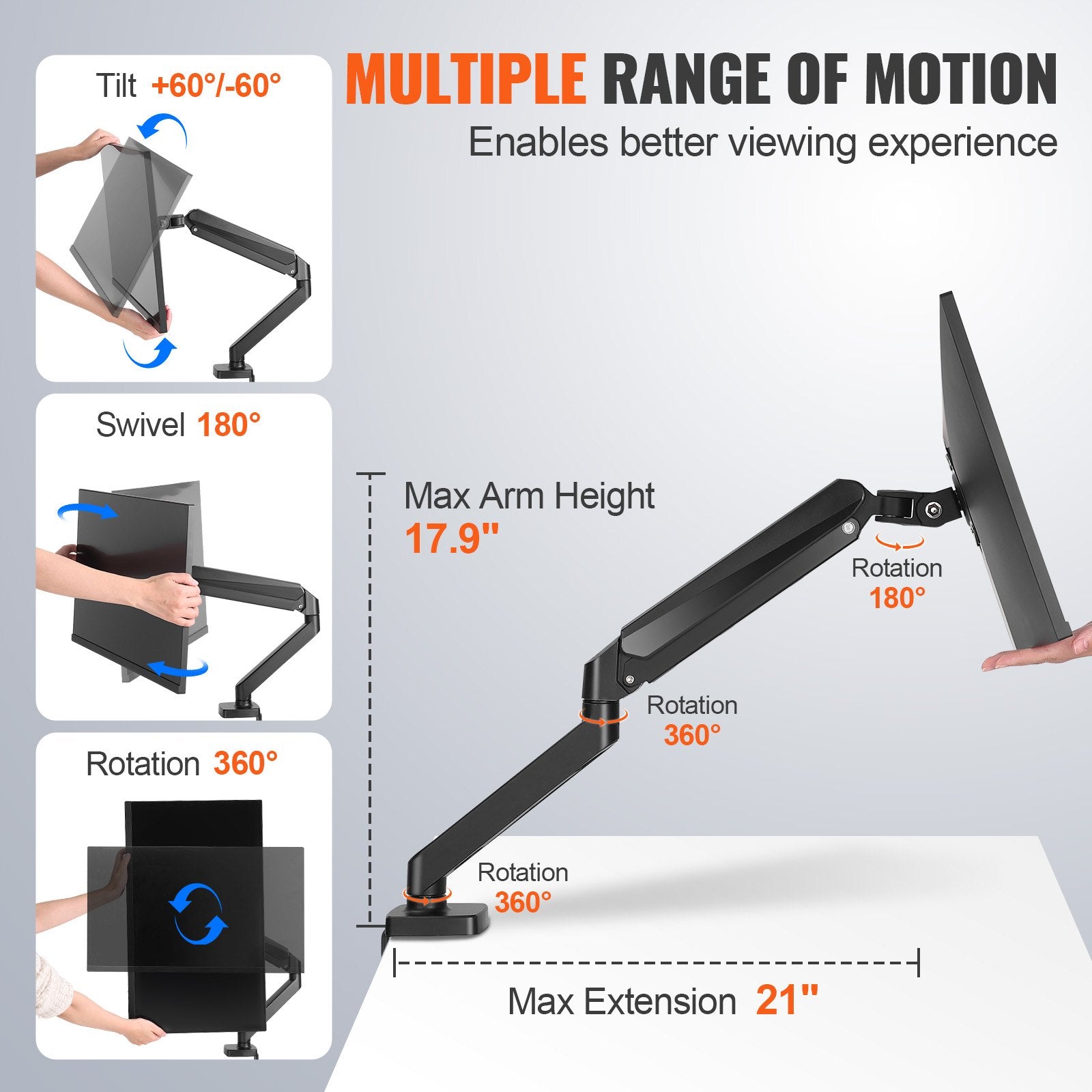 Computer Monitors & Accessories: VEVOR Single Monitor Mount, Supports 13"-32", 330-813 mm Screen, Fully Adjustable Gas Spring Monitor Arm, Hold up to 9.1 kg, Computer Monitor Stand Holder with C-Clamp/Grommet Mounting Base, VESA Mount Bracket