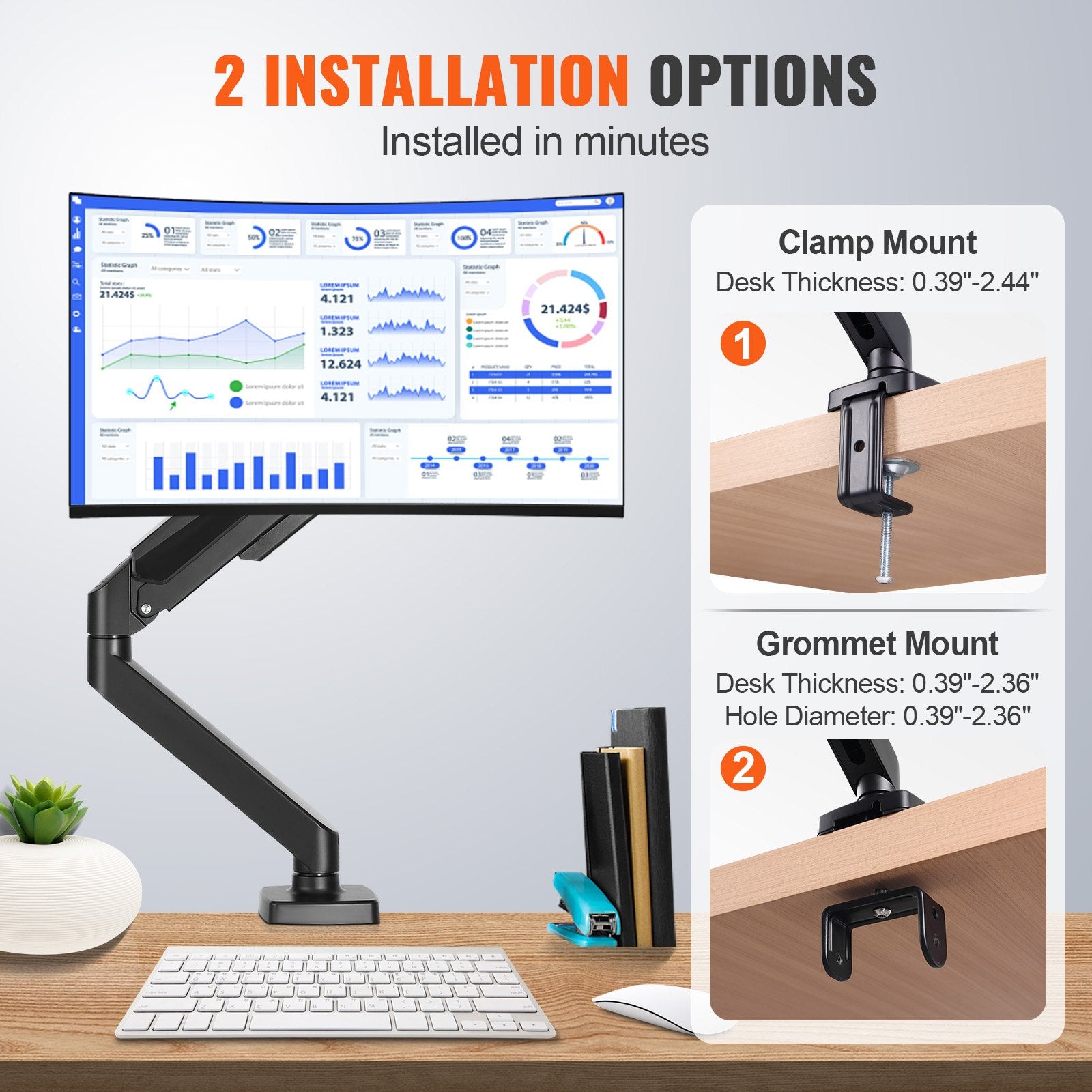 Computer Monitors & Accessories: VEVOR Single Monitor Mount, Supports 13"-32", 330-813 mm Screen, Fully Adjustable Gas Spring Monitor Arm, Hold up to 9.1 kg, Computer Monitor Stand Holder with C-Clamp/Grommet Mounting Base, VESA Mount Bracket