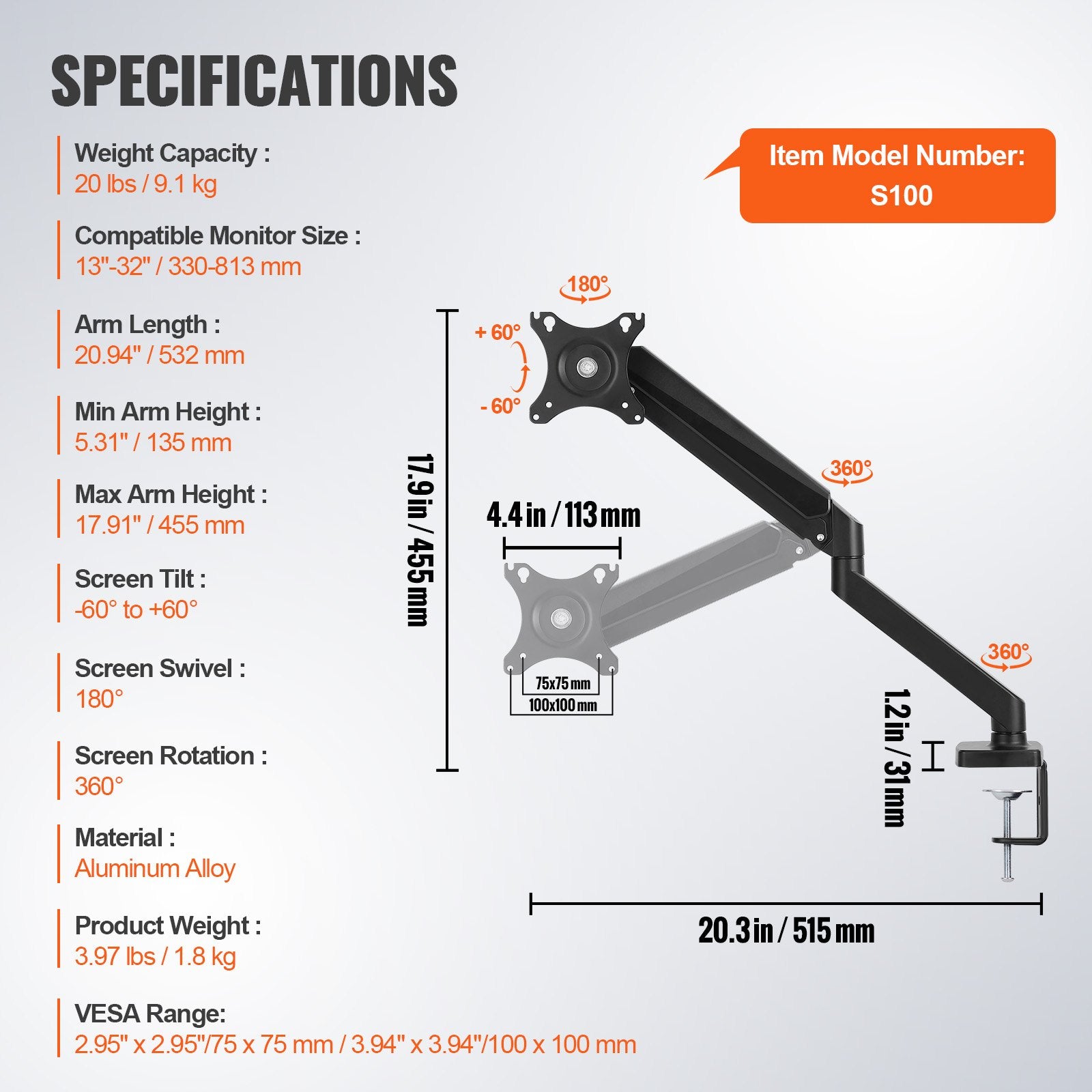 Computer Monitors & Accessories: VEVOR Single Monitor Mount, Supports 13"-32", 330-813 mm Screen, Fully Adjustable Gas Spring Monitor Arm, Hold up to 9.1 kg, Computer Monitor Stand Holder with C-Clamp/Grommet Mounting Base, VESA Mount Bracket