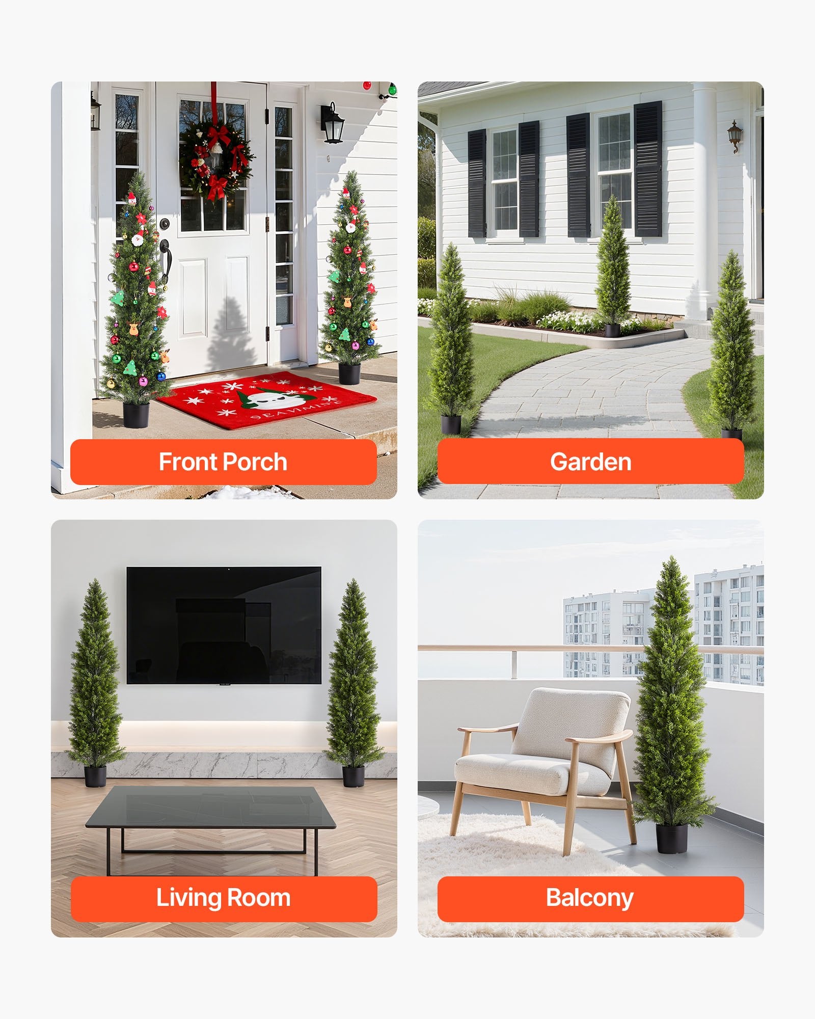 Artificial Trees: VEVOR Artificial Topiary Cedar Trees, 2 Set 1524mm Faux Pine Shrubs Plants, Fake Silk Tree Look Real, Easy Assembly for Decor Front Porch Outdoor Patio Garden Balcony Backyard Indoor Office