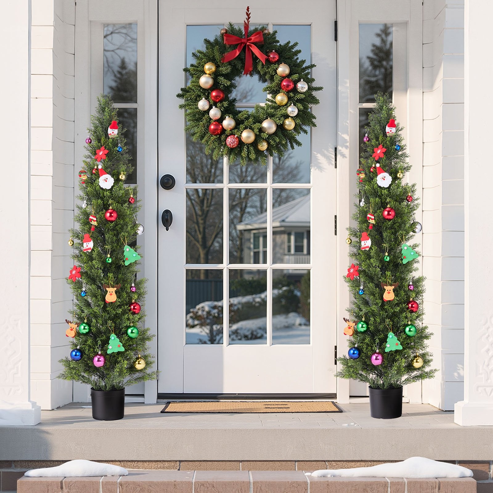 Artificial Trees: VEVOR Artificial Topiary Cedar Trees, 2 Set 1524mm Faux Pine Shrubs Plants, Fake Silk Tree Look Real, Easy Assembly for Decor Front Porch Outdoor Patio Garden Balcony Backyard Indoor Office