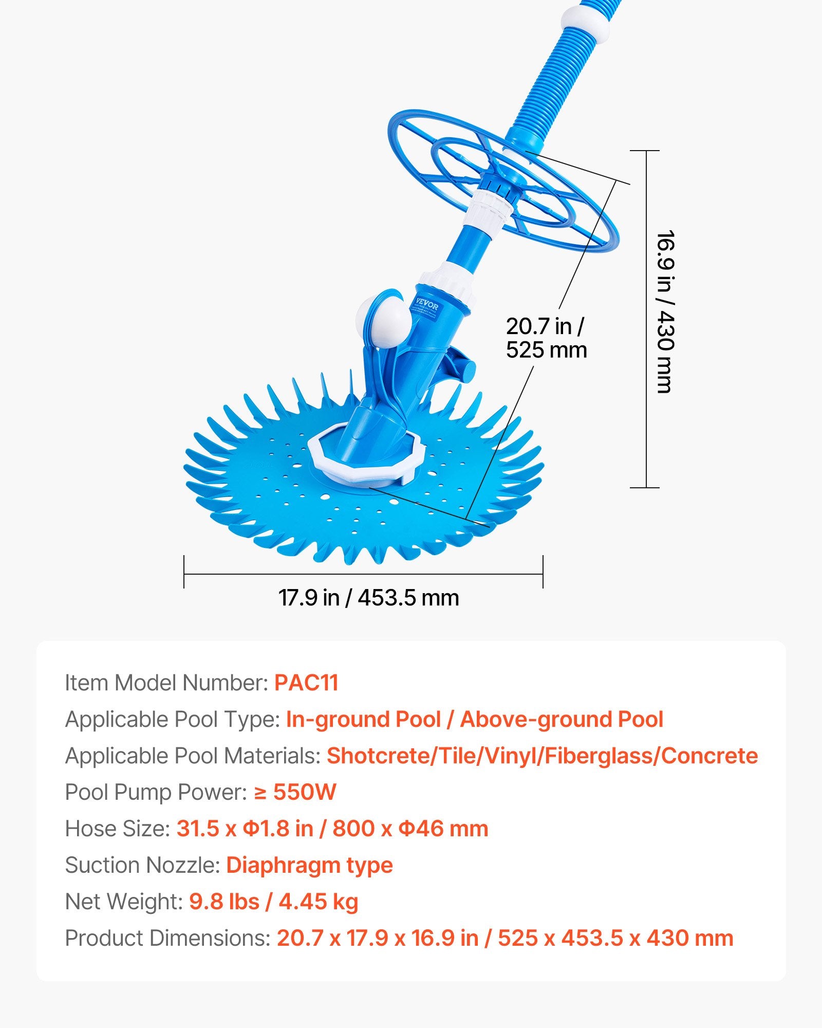Pool Sweeps & Vacuums: VEVOR Suction Pool Cleaner, Automatic Pool Vacuum Cleaner, Suction Side Automatic Pool Cleaner, Suction Vacuum Pool Sweeper with 12 Hoses, for In-ground and Above-ground Pool Up to 609.6 x 1066.8 cm