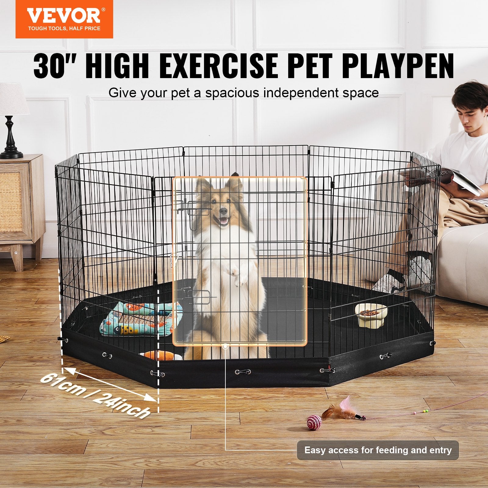 Dog Playpens & Gates: VEVOR Dog Playpen, 8 Pcs 30"H x 24"W Panels Foldable Metal Pet Exercise Pen, Dog Fence Indoor and Outdoor Pen with Door, 600D Oxford Fabric Bottom Pad, Pet Playpen for Dogs, Cats, Other Small Animals