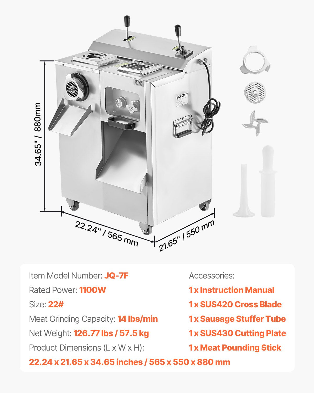 Commercial Electric Meat Grinder Slicer 6.35 kg/Min Sausage Stuffer Maker