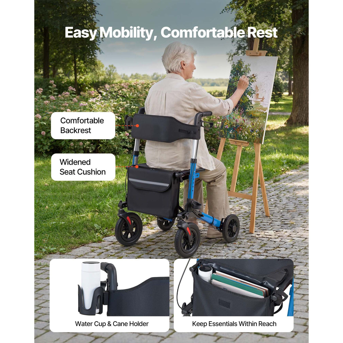 Rollator Walker with Seat for Seniors, Ultra Compact 3-Fold Rolling Walker, Lightweight Aluminum Mobility Walking Aid with PU Solid Wheels, Adjustable Handle, Cup & Cane Holder - Supports 136kg