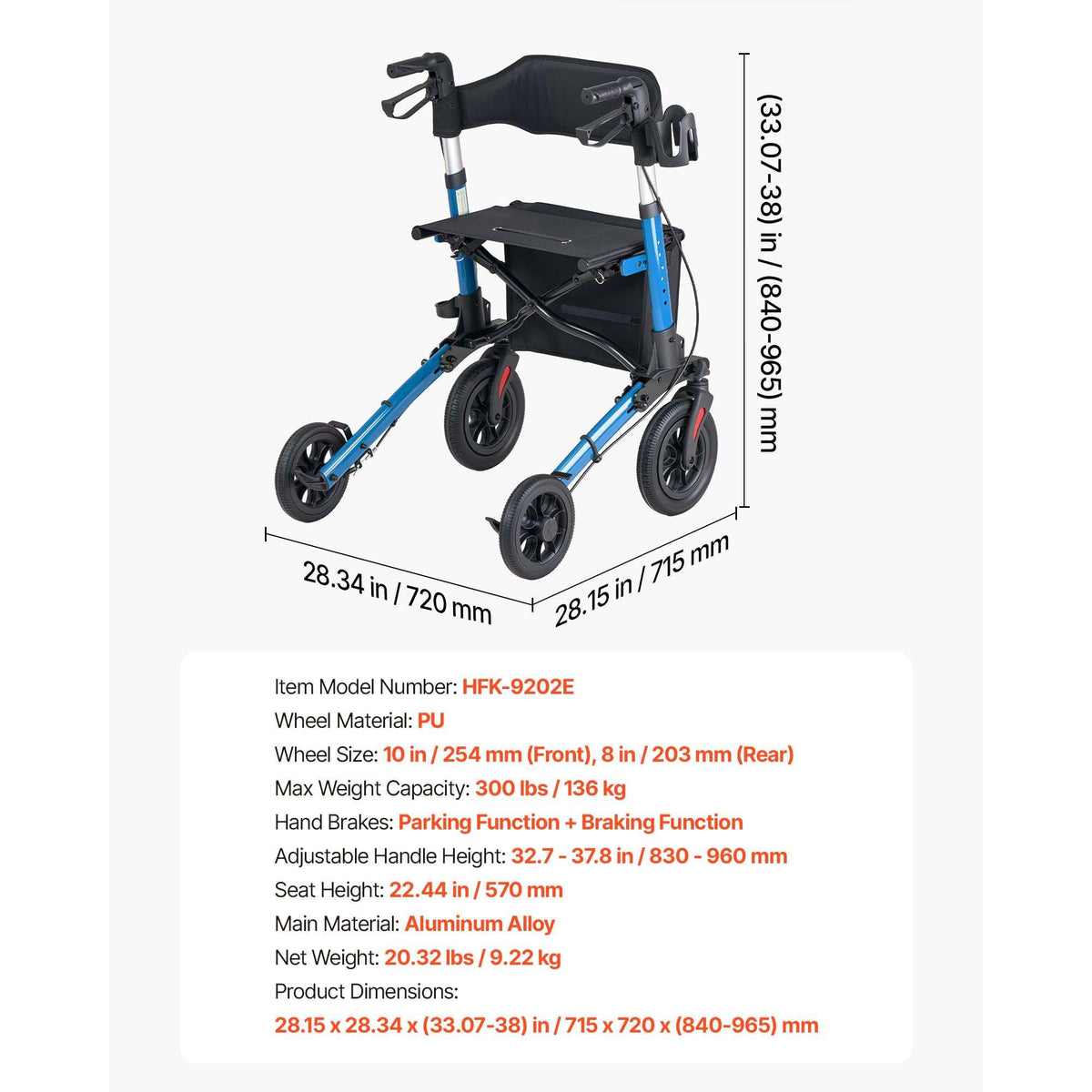 Rollator Walker with Seat for Seniors, Ultra Compact 3-Fold Rolling Walker, Lightweight Aluminum Mobility Walking Aid with PU Solid Wheels, Adjustable Handle, Cup & Cane Holder - Supports 136kg