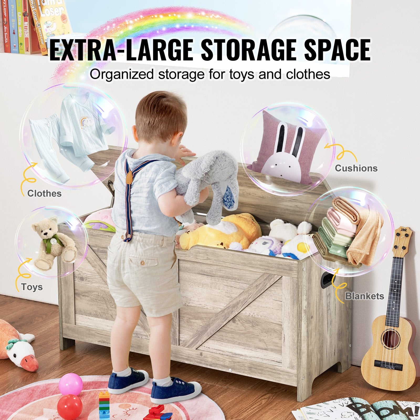Kids Toy Storage Bench Wooden Toy Box Chest 38.98 x 15.55 x 18.9 in Gray