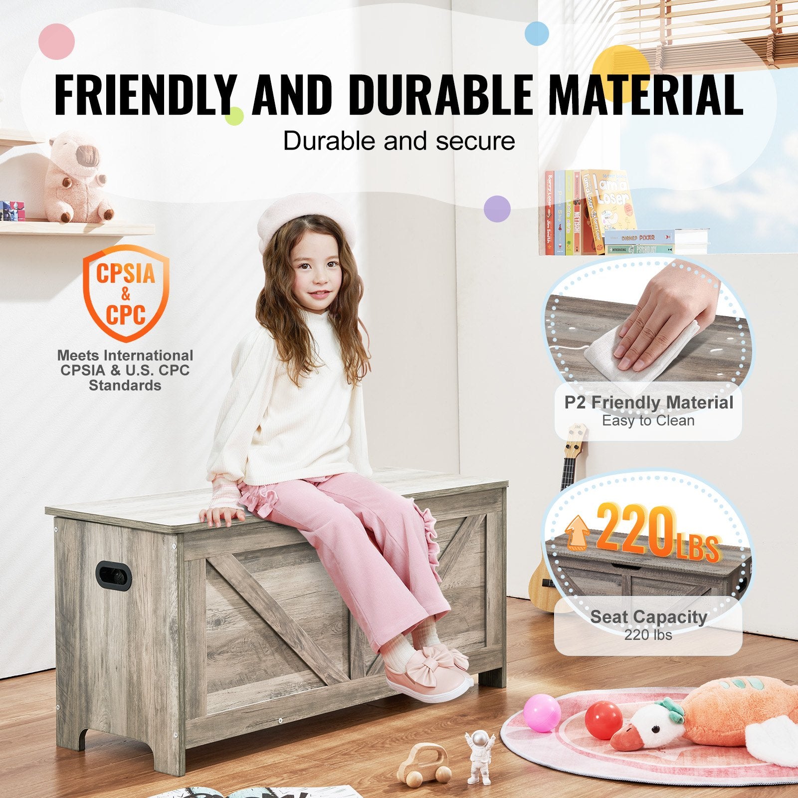 Kids Toy Storage Bench Wooden Toy Box Chest 38.98 x 15.55 x 18.9 in Gray