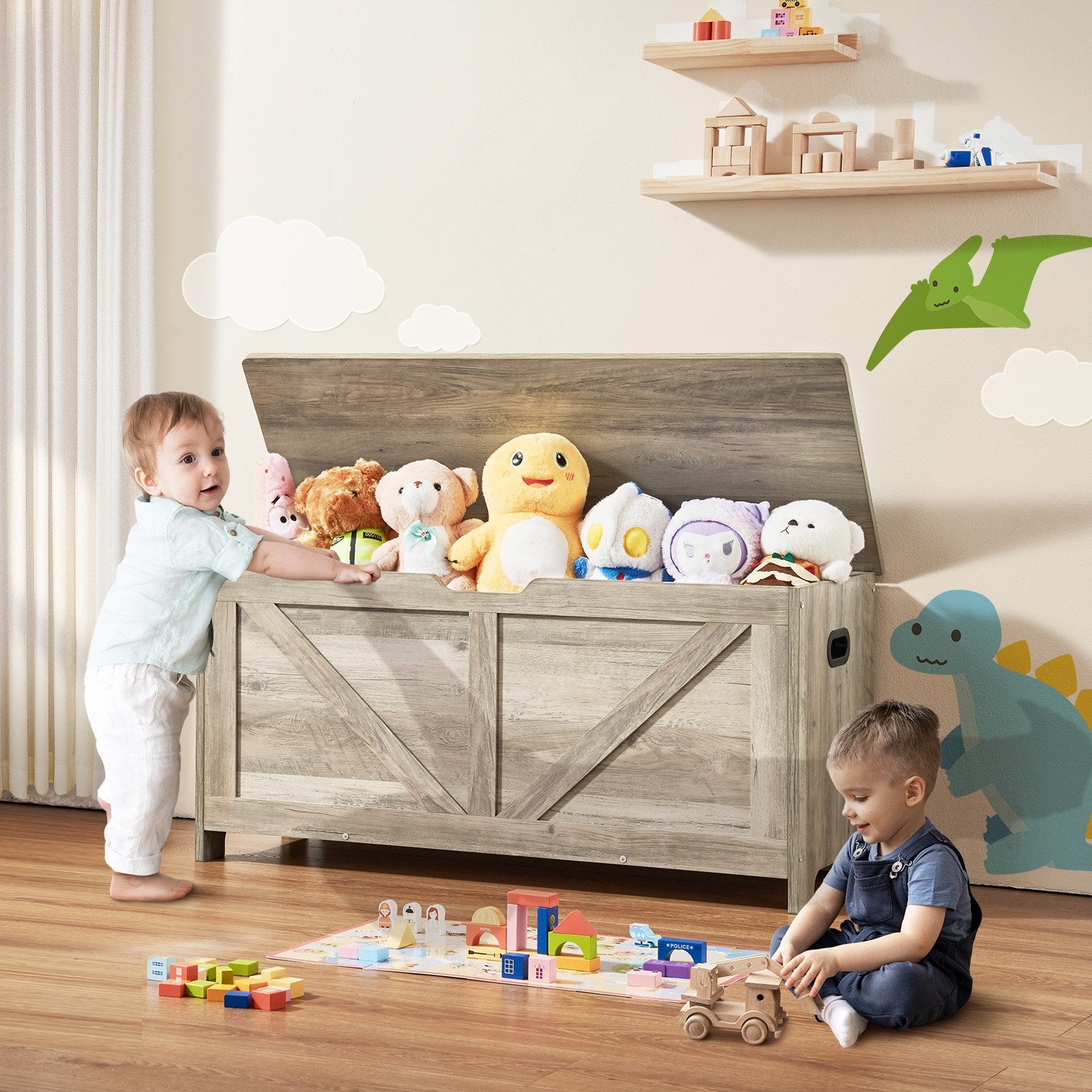 Kids Toy Storage Bench Wooden Toy Box Chest 38.98 x 15.55 x 18.9 in Gray