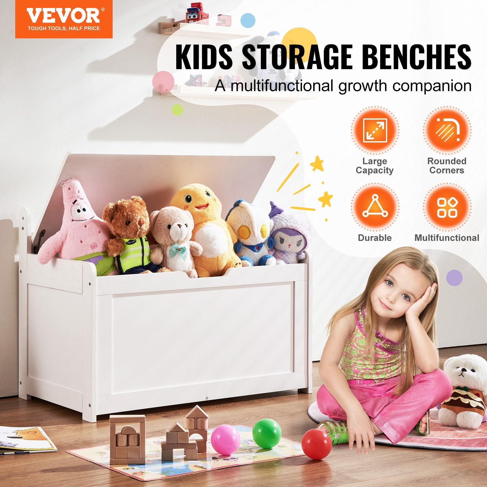 Basketball & Basketball Accessories: VEVOR Kids Toy Storage Bench Wooden Toy Box Chest 32.68 x 17.91 x 24.02" White