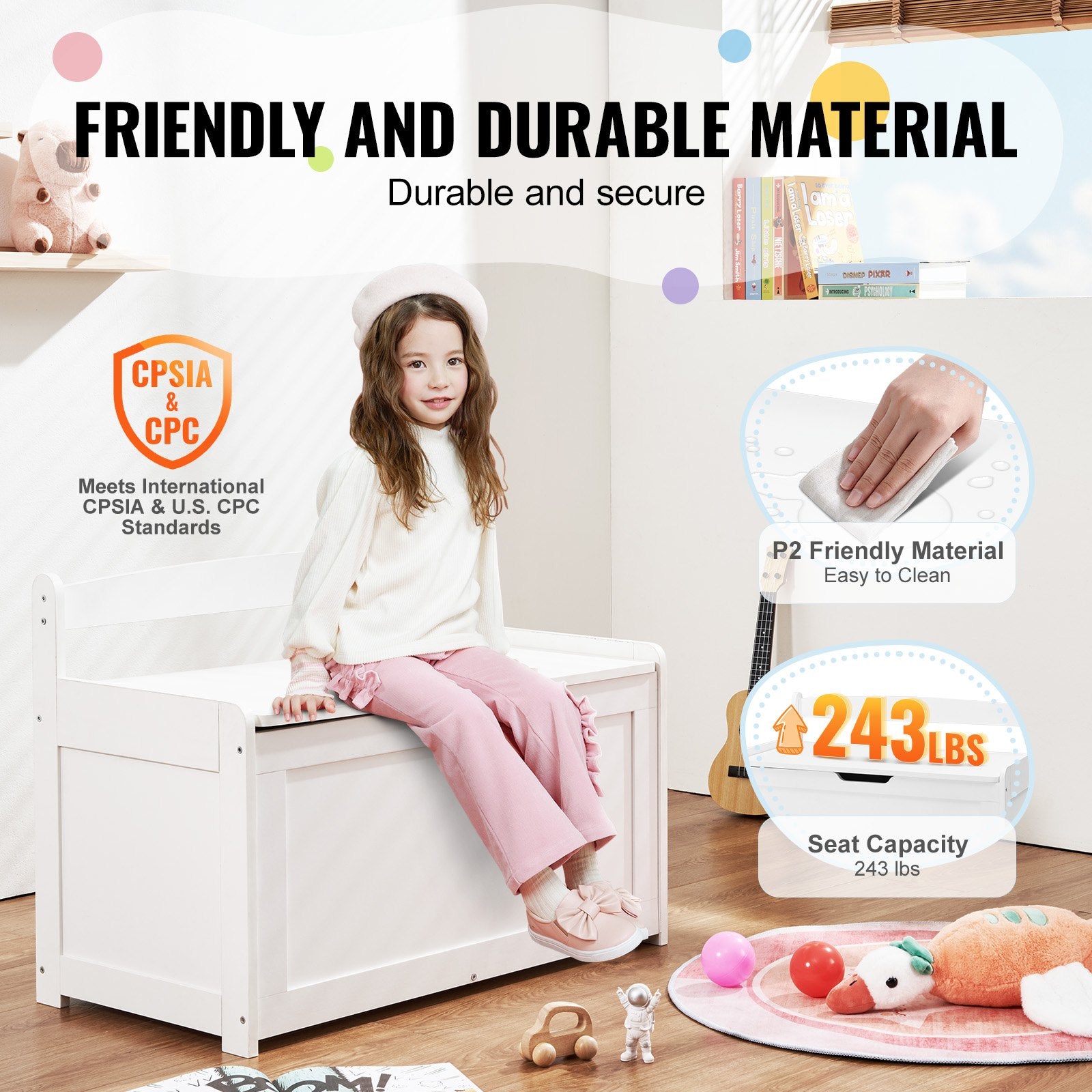 Basketball & Basketball Accessories: VEVOR Kids Toy Storage Bench Wooden Toy Box Chest 32.68 x 17.91 x 24.02" White