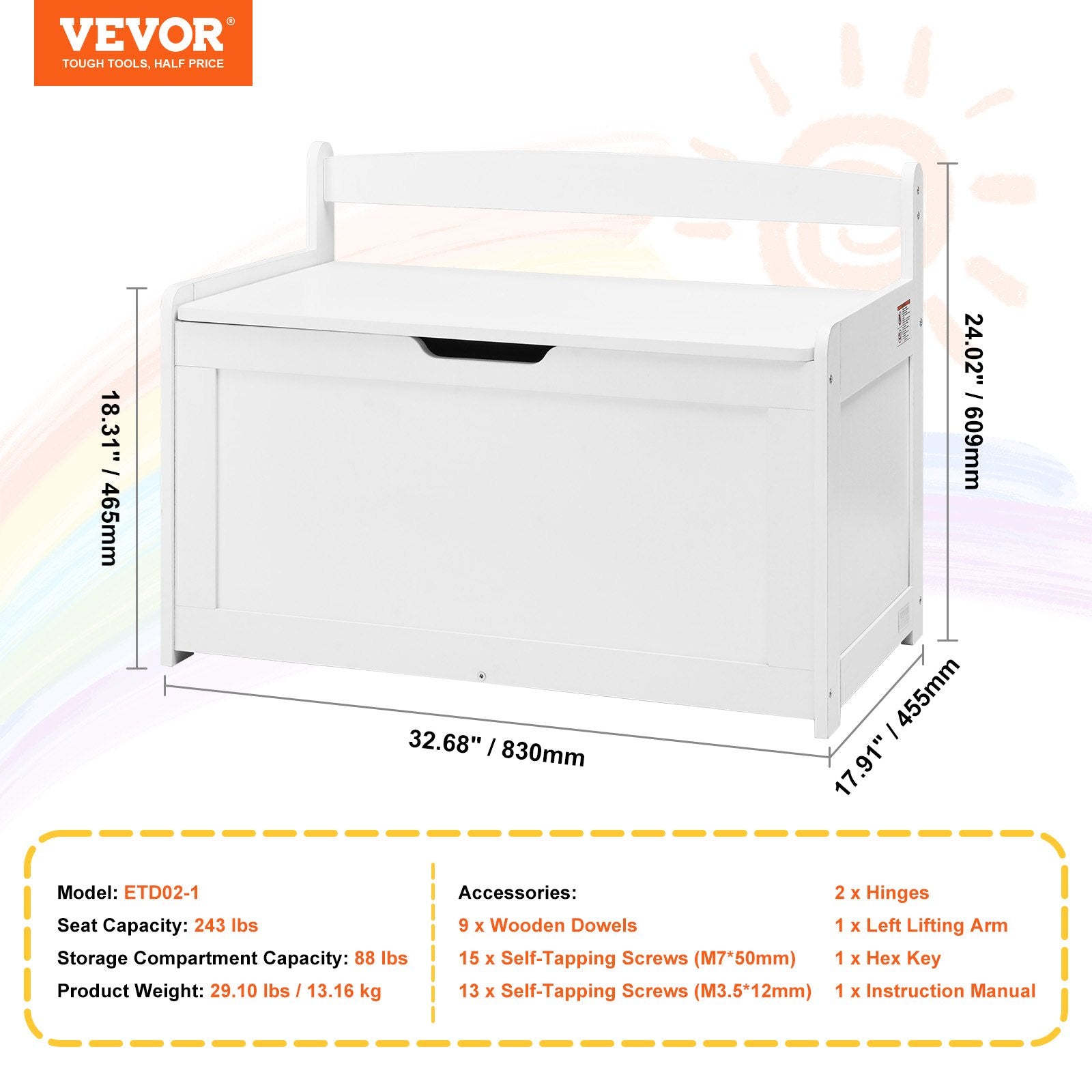 Basketball & Basketball Accessories: VEVOR Kids Toy Storage Bench Wooden Toy Box Chest 32.68 x 17.91 x 24.02" White
