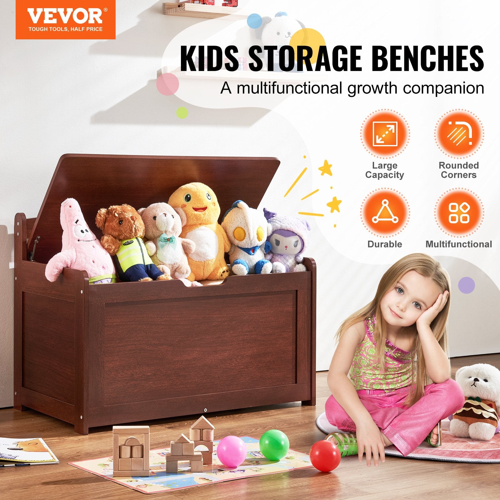 Toy Boxes: VEVOR Kids Toy Storage Bench Wooden Toy Box Chest 32.68 x 17.91 x 24.02" Cherry