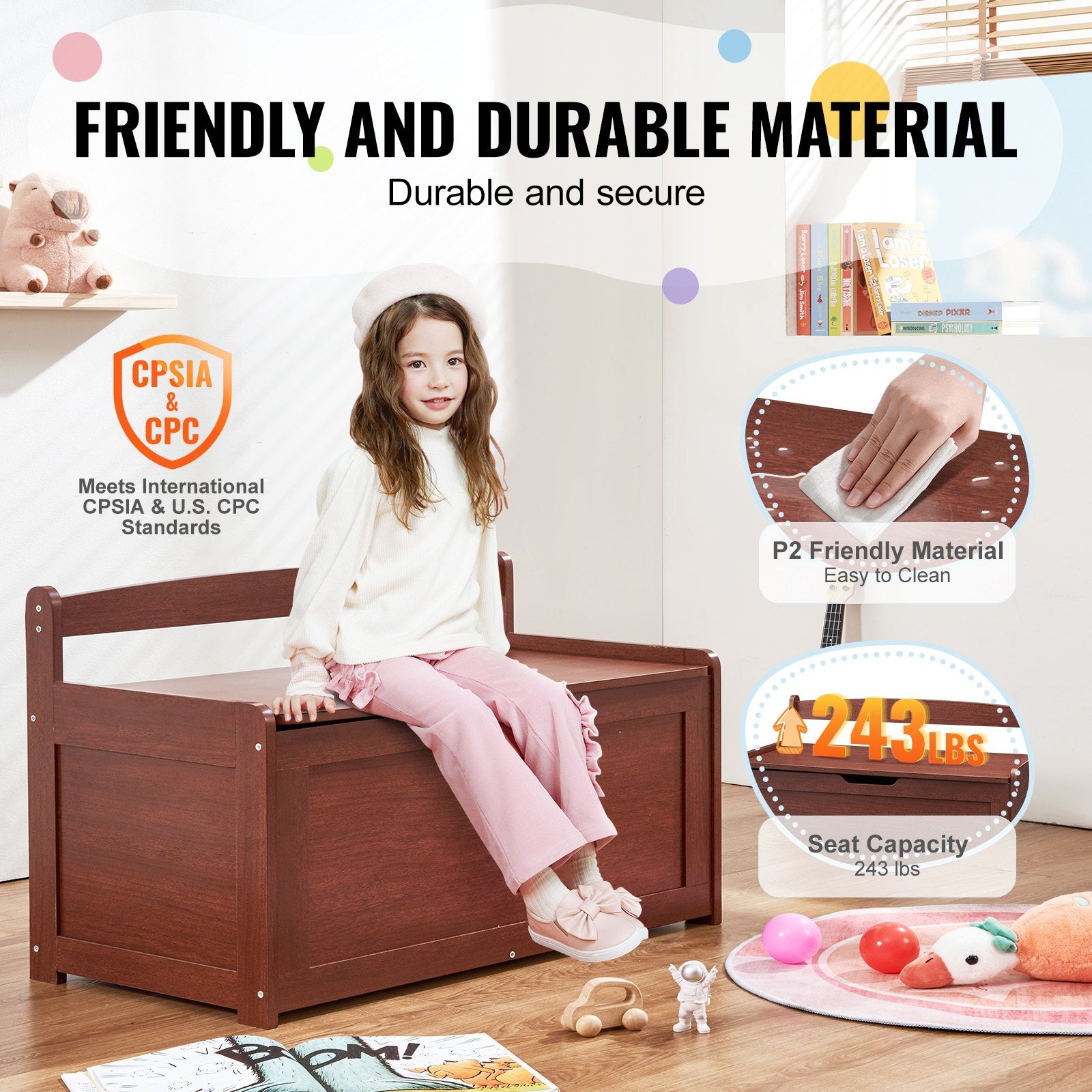 Toy Boxes: VEVOR Kids Toy Storage Bench Wooden Toy Box Chest 32.68 x 17.91 x 24.02" Cherry