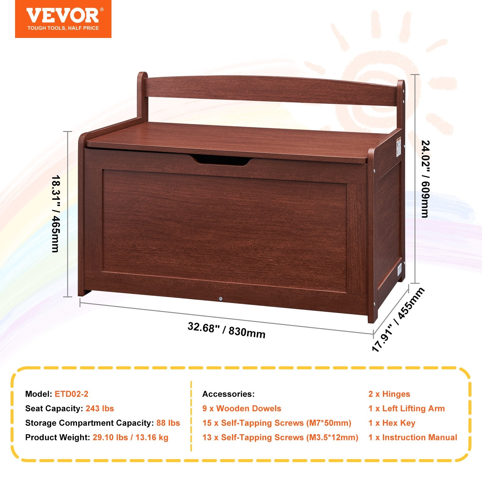 Toy Boxes: VEVOR Kids Toy Storage Bench Wooden Toy Box Chest 32.68 x 17.91 x 24.02" Cherry