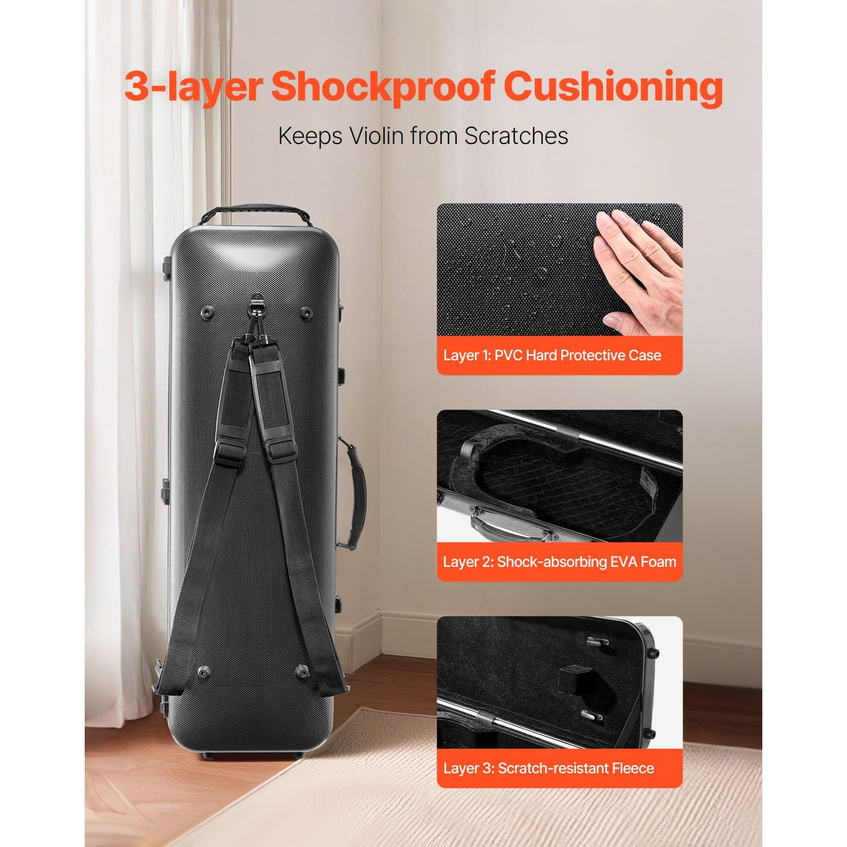 4/4 Full Size Violin Case, Built-in Hygrometer, Lightweight Portable Travel Carrying Bag, with Plush Lining, Shoulder Straps, Anti-Scratch, Professional Oblong Shape, for Violin, Black