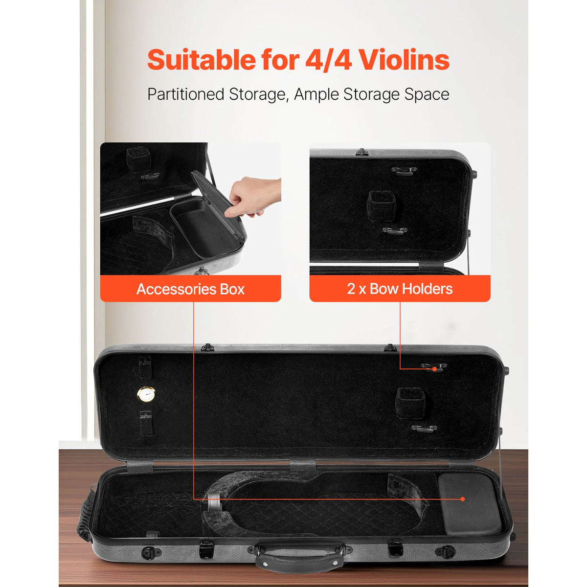 4/4 Full Size Violin Case, Built-in Hygrometer, Lightweight Portable Travel Carrying Bag, with Plush Lining, Shoulder Straps, Anti-Scratch, Professional Oblong Shape, for Violin, Black