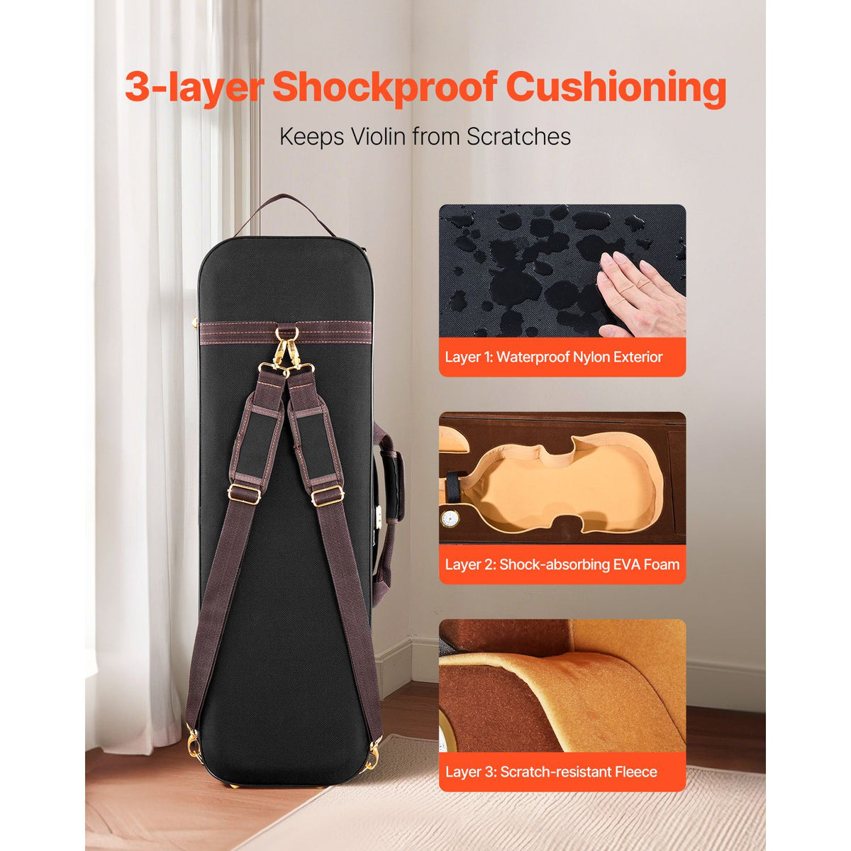 4/4 Full Size Violin Case, Built-in Hygrometer, Lightweight Portable Travel Carrying Bag, with Plush Lining, Shoulder Straps, Anti-Scratch, Professional Oblong Shape, for Violin, Black