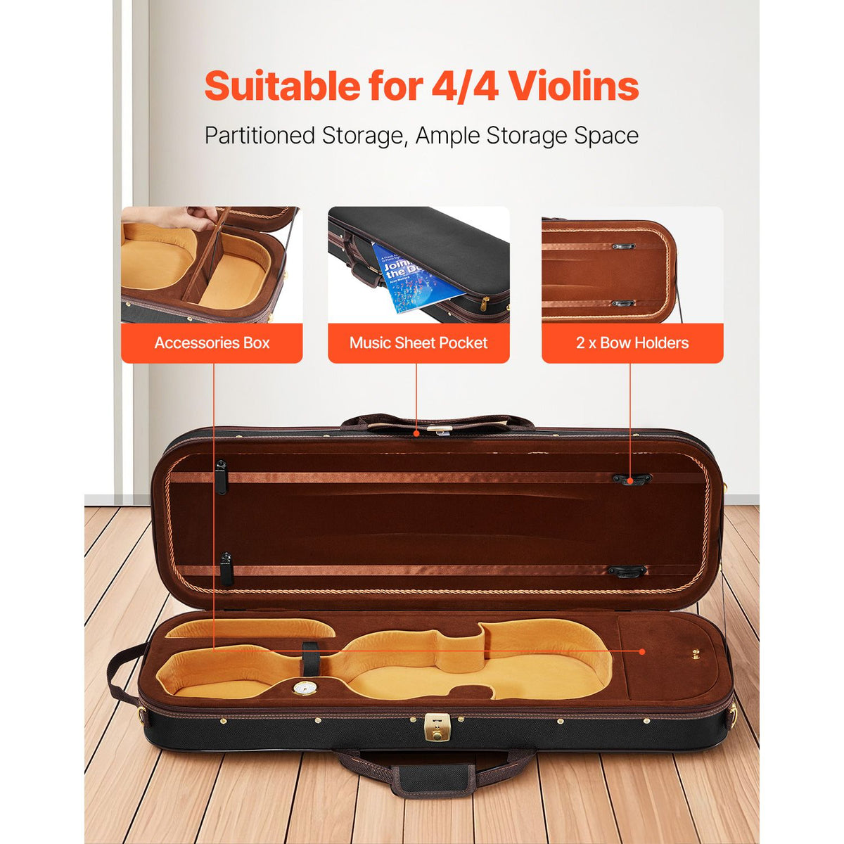 4/4 Full Size Violin Case, Built-in Hygrometer, Lightweight Portable Travel Carrying Bag, with Plush Lining, Shoulder Straps, Anti-Scratch, Professional Oblong Shape, for Violin, Black