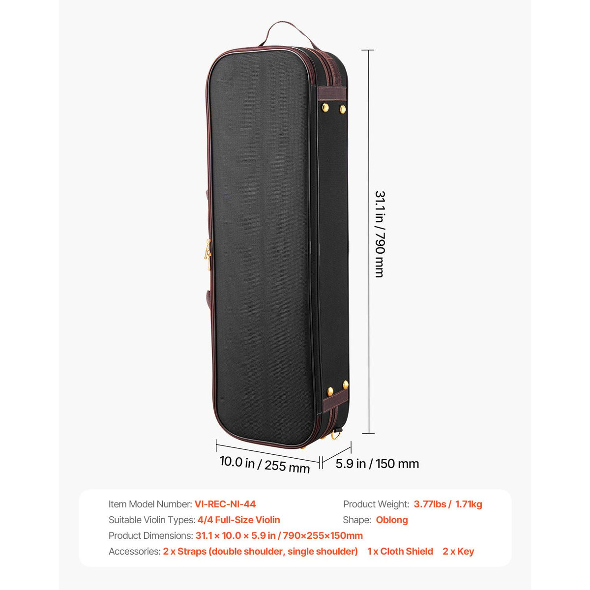 4/4 Full Size Violin Case, Built-in Hygrometer, Lightweight Portable Travel Carrying Bag, with Plush Lining, Shoulder Straps, Anti-Scratch, Professional Oblong Shape, for Violin, Black