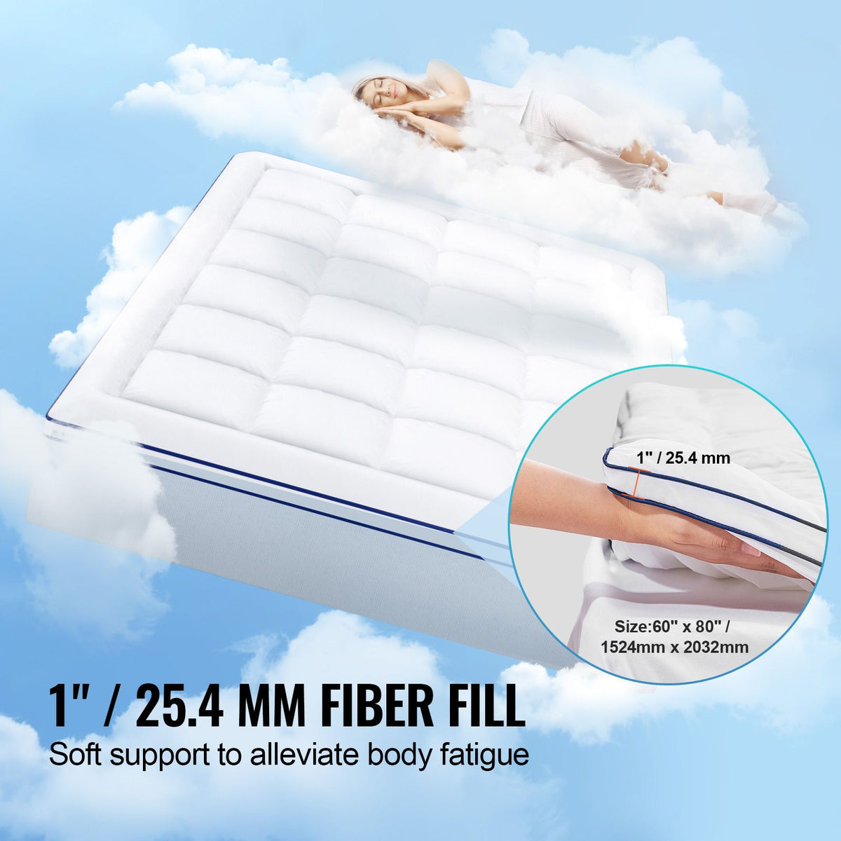 Mattress Topper, Queen Size, 25.4 mm Thickness, Fiber Fill Pad with Detachable & Washable, Comfortable, Supportive, Cooling, Breathable, with Detachable Bedside Pocket for Holding Small Items