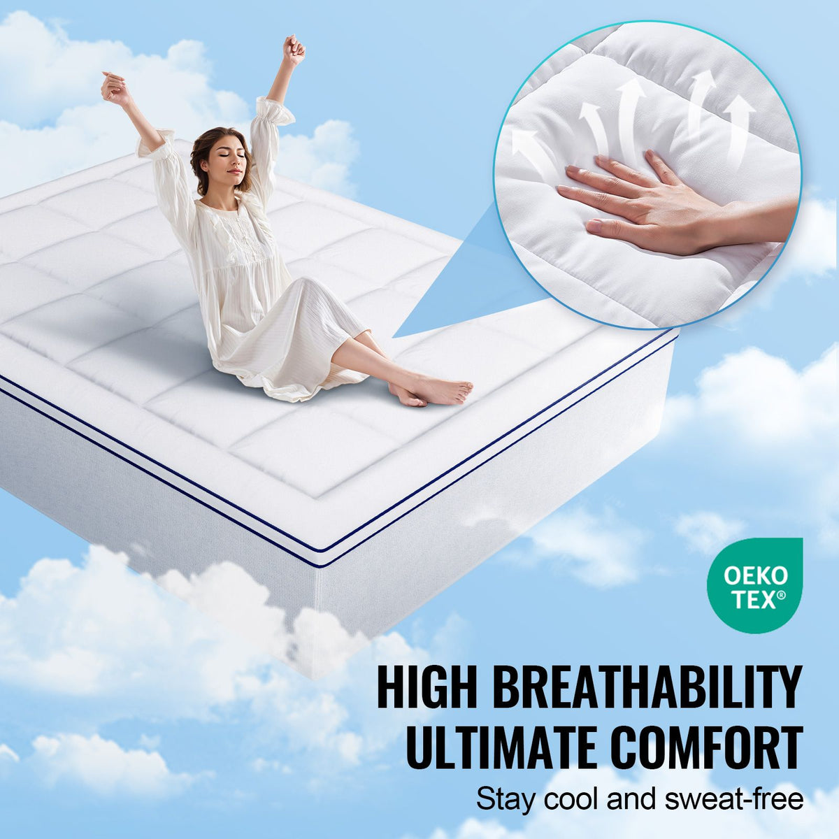 Mattress Topper, Queen Size, 25.4 mm Thickness, Fiber Fill Pad with Detachable & Washable, Comfortable, Supportive, Cooling, Breathable, with Detachable Bedside Pocket for Holding Small Items