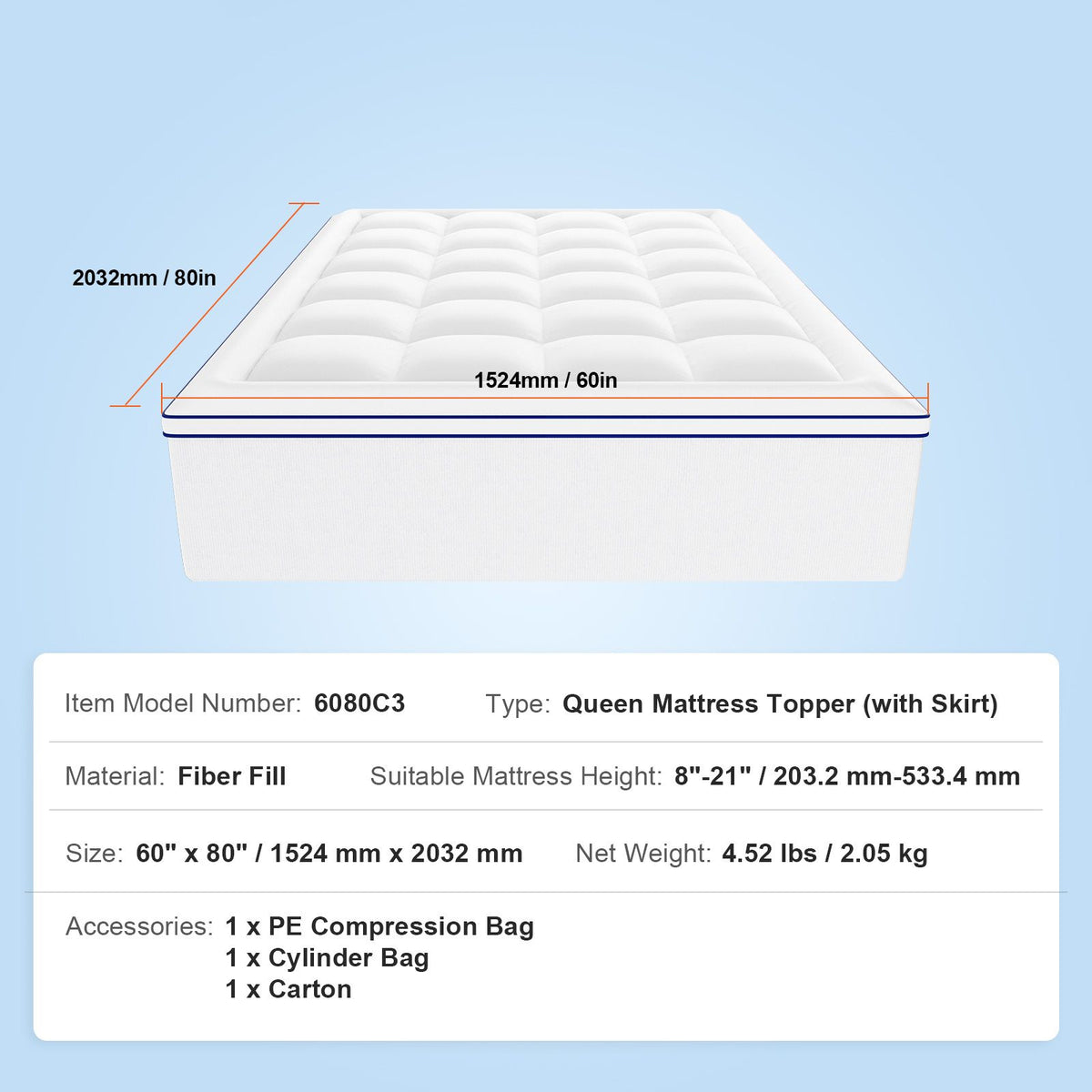 Mattress Topper, Queen Size, 25.4 mm Thickness, Fiber Fill Pad with Detachable & Washable, Comfortable, Supportive, Cooling, Breathable, with Detachable Bedside Pocket for Holding Small Items