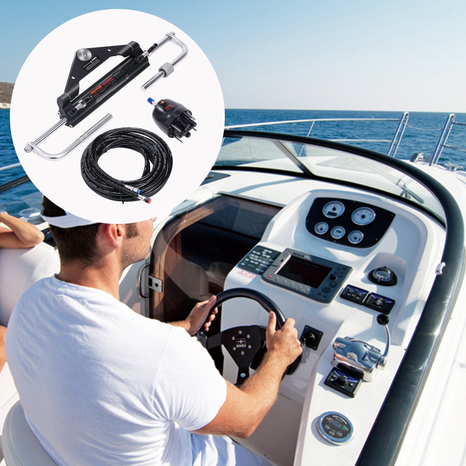 Boating Accessories: VEVOR 150HP Hydraulic Outboard Steering Kit Boat Marine System, Built-in Two-Way Lock Cylinder, 150HP Pump and High-Strength Nylon Hose for Single Station, Single-Engine use