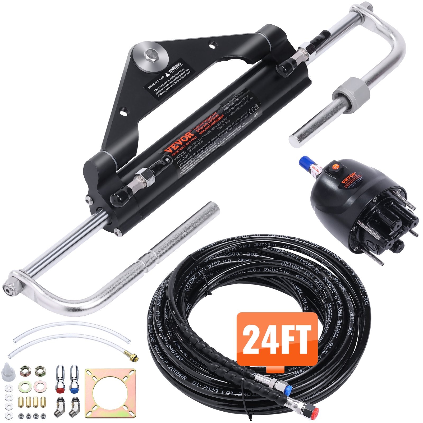 Boating Accessories: VEVOR Hydraulic Outboard Steering Kit, 150HP, Marine Boat Hydraulic Steering System, with Helm Pump Two-Way Lock Cylinder and 24 Feet Hydraulic Steering Hose, for Single Station Single-Engine Boats