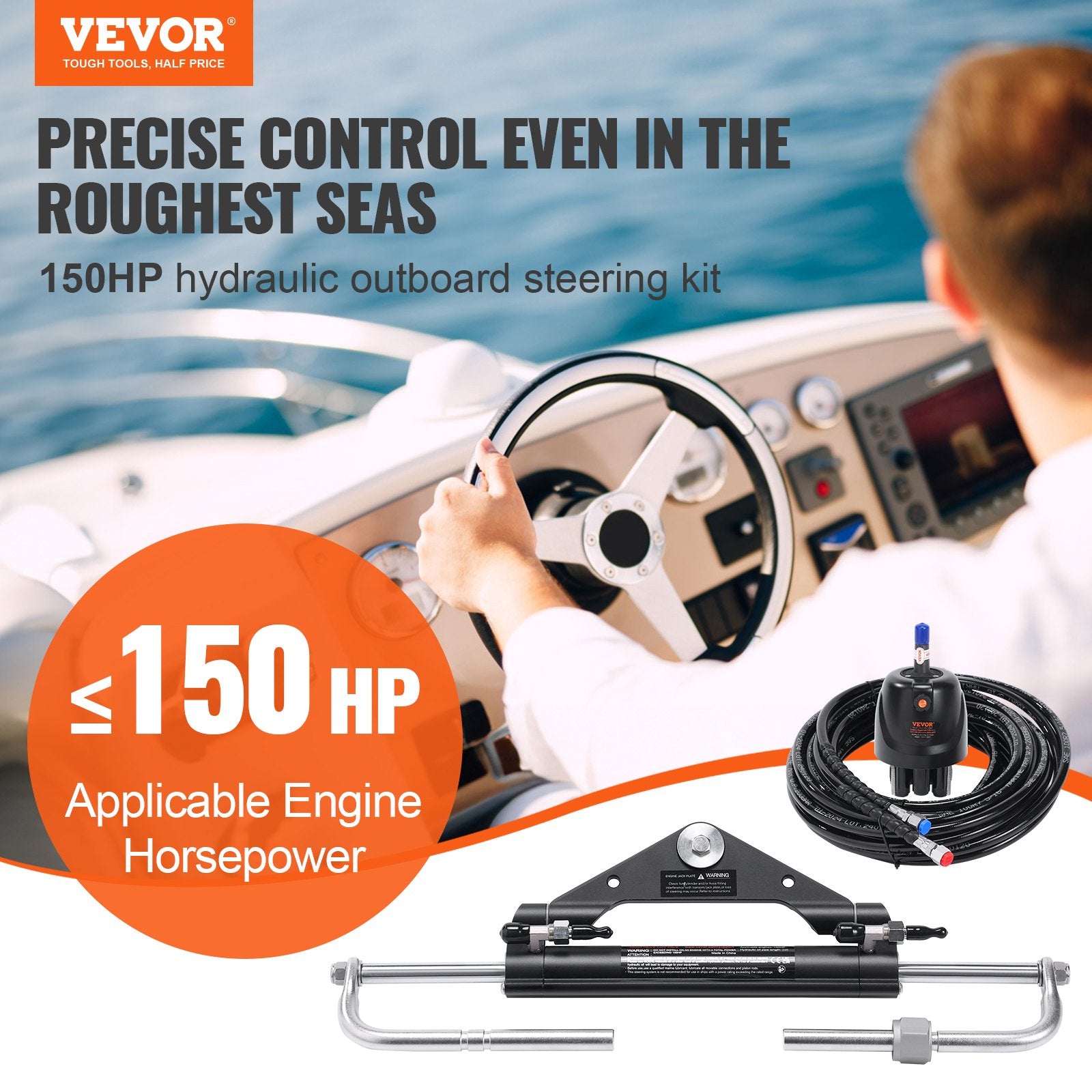 Boating Accessories: VEVOR Hydraulic Outboard Steering Kit, 150HP, Marine Boat Hydraulic Steering System, with Helm Pump Two-Way Lock Cylinder and 24 Feet Hydraulic Steering Hose, for Single Station Single-Engine Boats