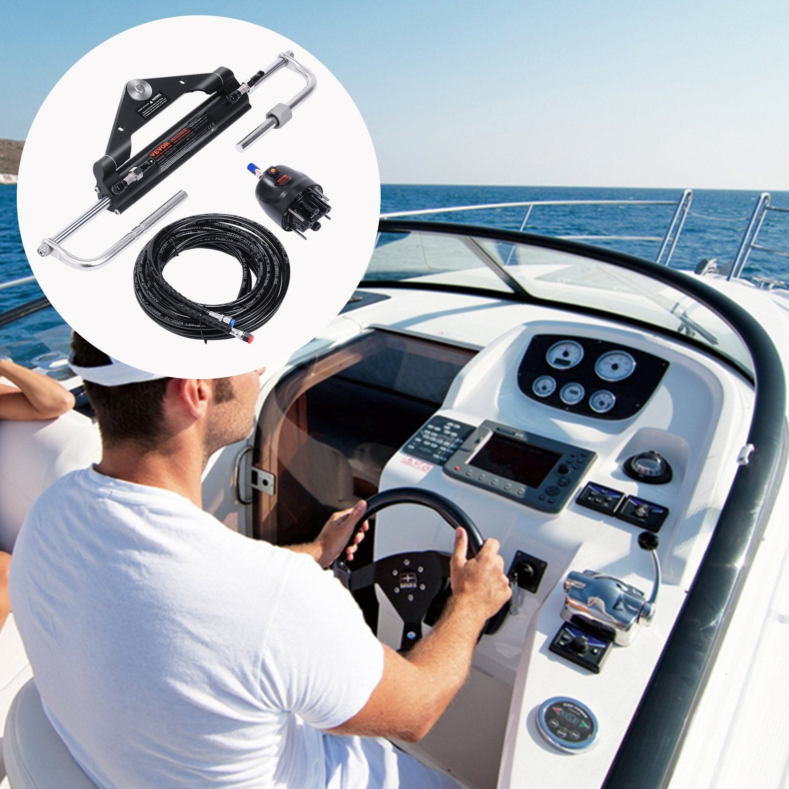 Boating Accessories: VEVOR Hydraulic Outboard Steering Kit, 150HP, Marine Boat Hydraulic Steering System, with Helm Pump Two-Way Lock Cylinder and 24 Feet Hydraulic Steering Hose, for Single Station Single-Engine Boats