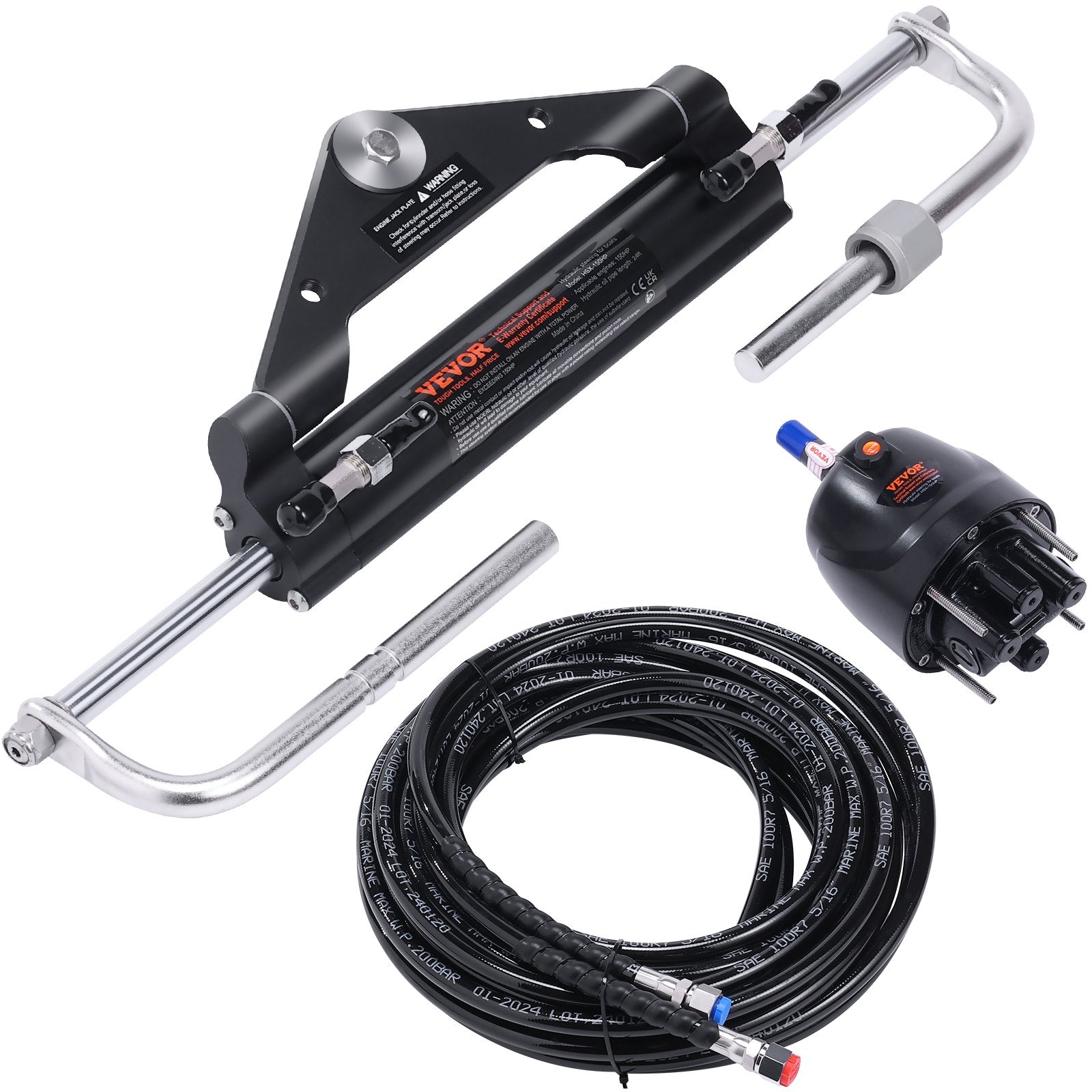 Boating Accessories: VEVOR Hydraulic Outboard Steering Kit, 150HP, Marine Boat Hydraulic Steering System, with Helm Pump Two-Way Lock Cylinder and 24 Feet Hydraulic Steering Hose, for Single Station Single-Engine Boats