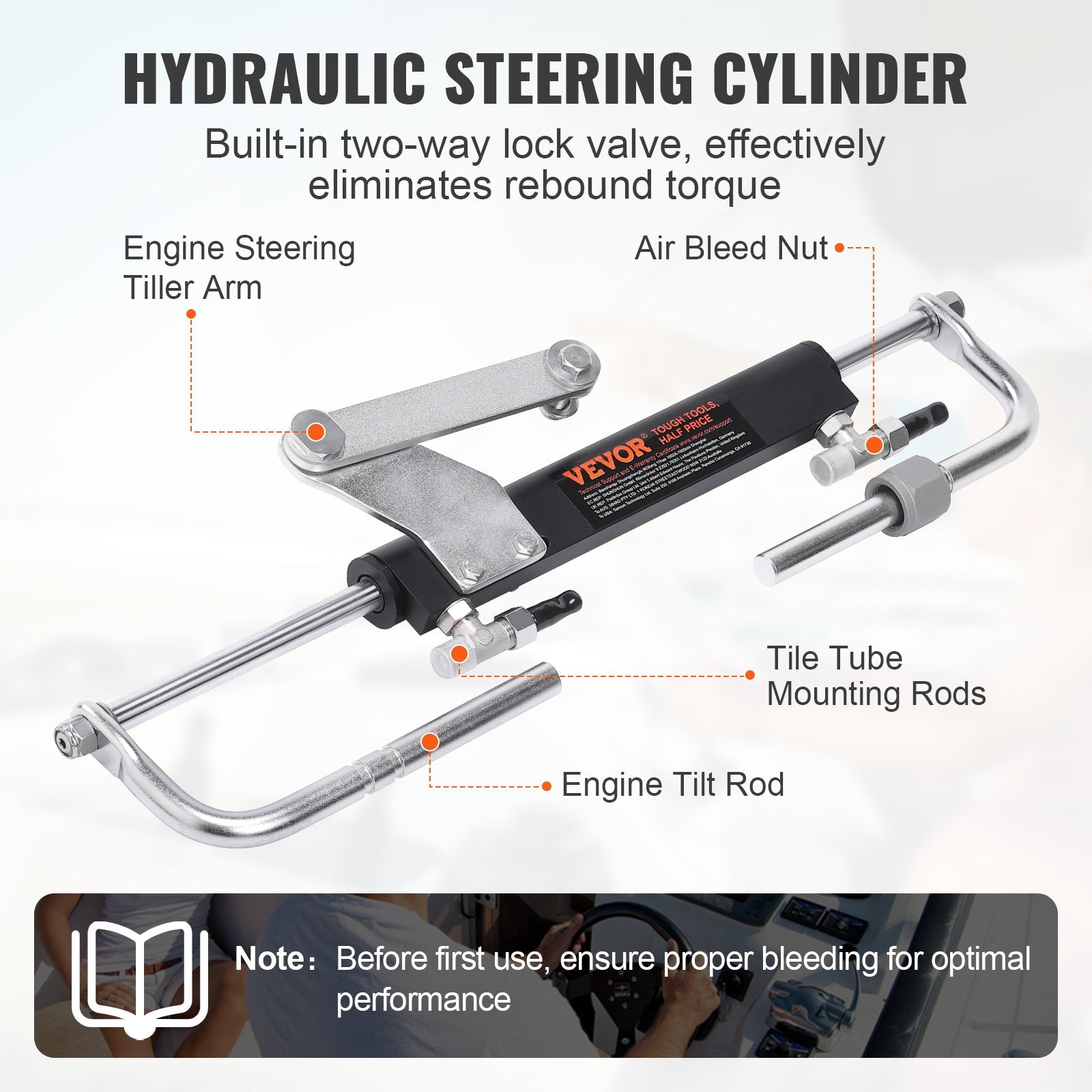 Hydraulic Outboard Steering Kit, 90HP, Marine Boat Hydraulic Steering System, with Helm Pump Two-Way Lock Cylinder and 24 Feet Hydraulic Steering Hose, for Single Station Single-Engine Boats