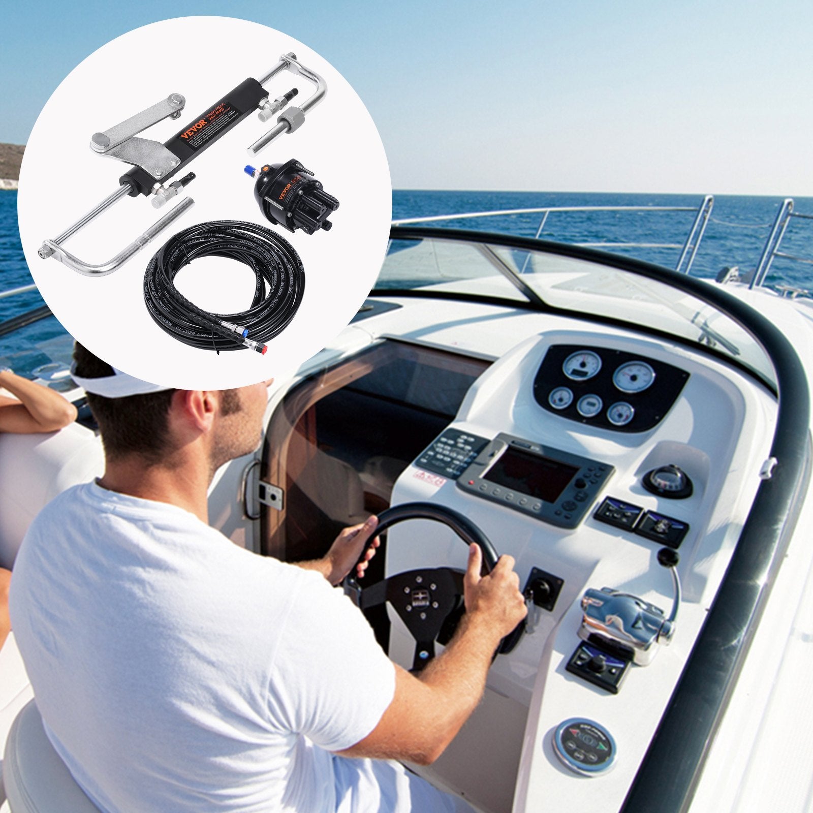 Hydraulic Outboard Steering Kit, 90HP, Marine Boat Hydraulic Steering System, with Helm Pump Two-Way Lock Cylinder and 24 Feet Hydraulic Steering Hose, for Single Station Single-Engine Boats