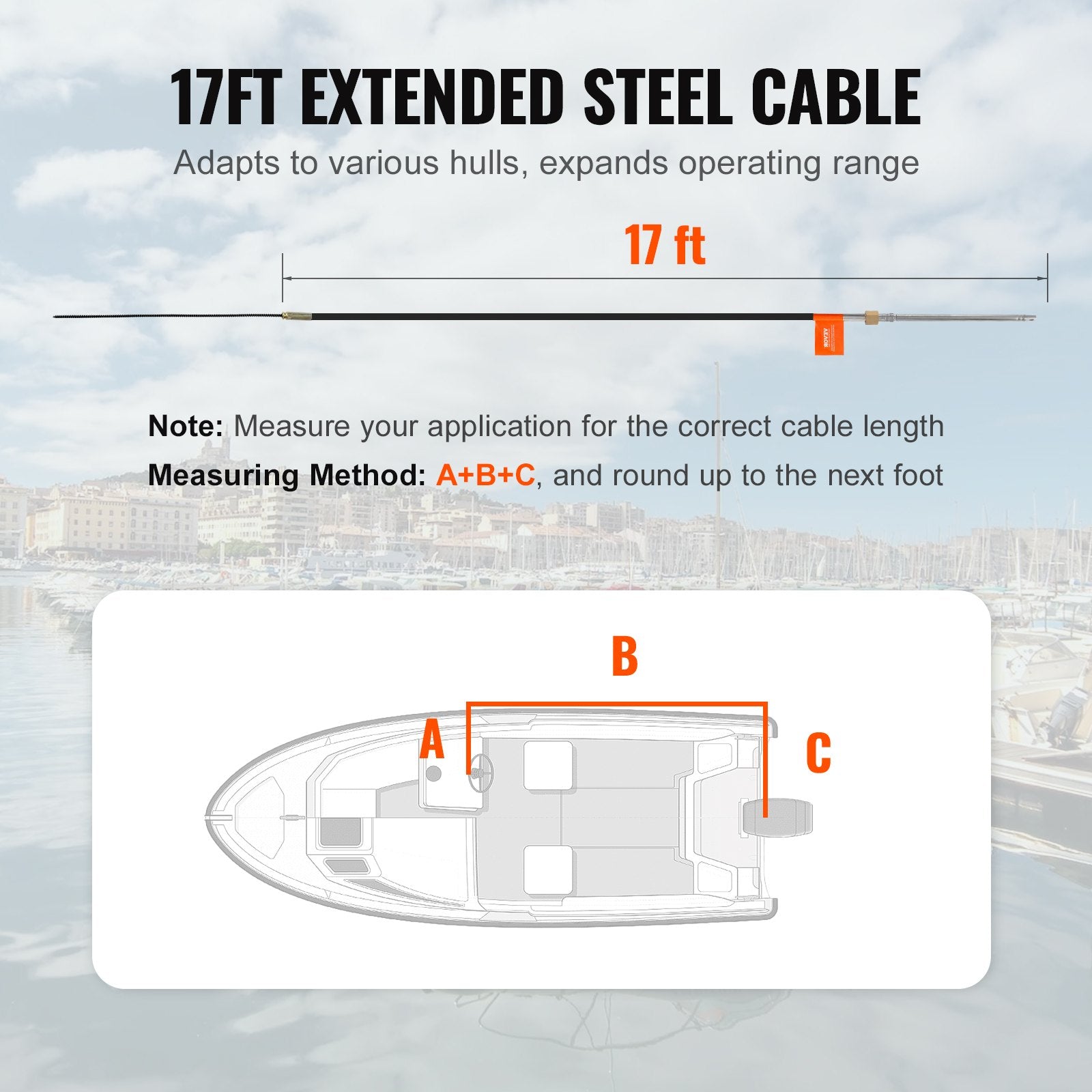 Boat Steering Cable, 17 Feet Outboard Marine Rotary Steering Cable, 1/2 Ton High Tensile Strength, Steel Steering Wheel Cable Compatible with Most Single-Station Outboard Steering Systems