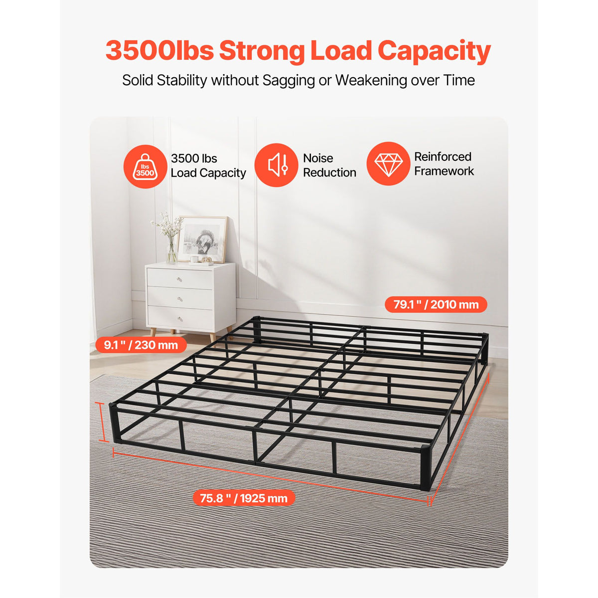 Box Spring, King Size Bed Frame with Washable Fabric Cloth, Heavy Duty Metal Frame for King Bed, 230 mm Mattress Foundation, 1587.57 kg Max Weight Capacity, Easy Assembly, 2010 x 1925 x 230 mm