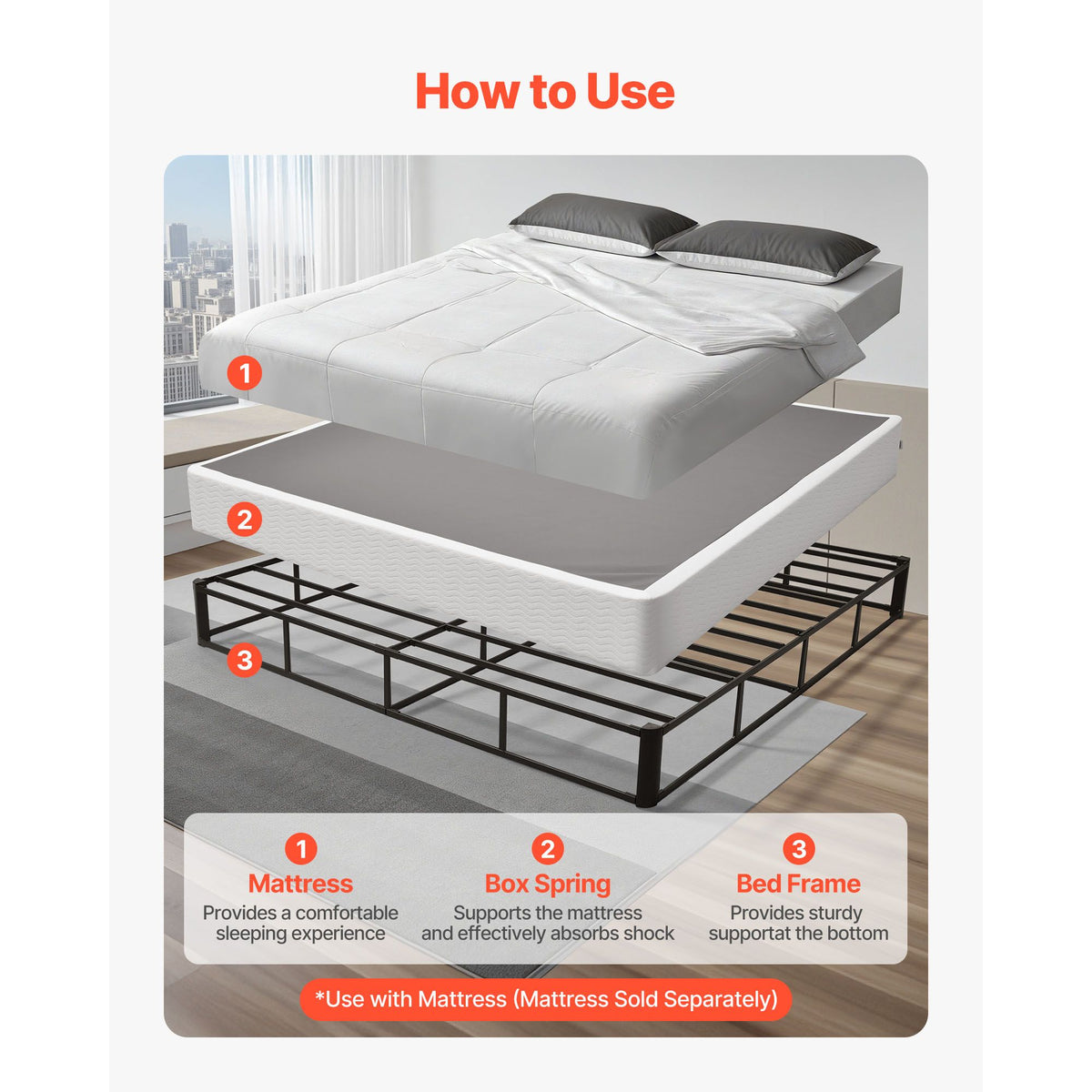 Box Spring, King Size Bed Frame with Washable Fabric Cloth, Heavy Duty Metal Frame for King Bed, 230 mm Mattress Foundation, 1587.57 kg Max Weight Capacity, Easy Assembly, 2010 x 1925 x 230 mm