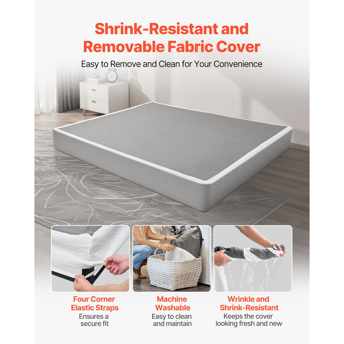 Box Spring, King Size Bed Frame with Washable Fabric Cloth, Heavy Duty Metal Frame for King Bed, 230 mm Mattress Foundation, 1587.57 kg Max Weight Capacity, Easy Assembly, 2010 x 1925 x 230 mm