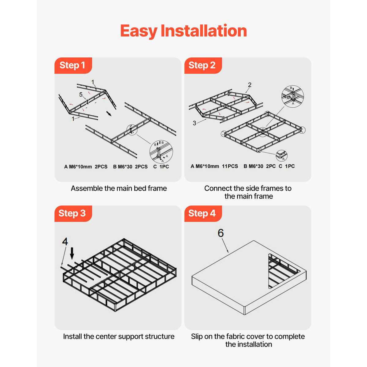Box Spring, King Size Bed Frame with Washable Fabric Cloth, Heavy Duty Metal Frame for King Bed, 230 mm Mattress Foundation, 1587.57 kg Max Weight Capacity, Easy Assembly, 2010 x 1925 x 230 mm