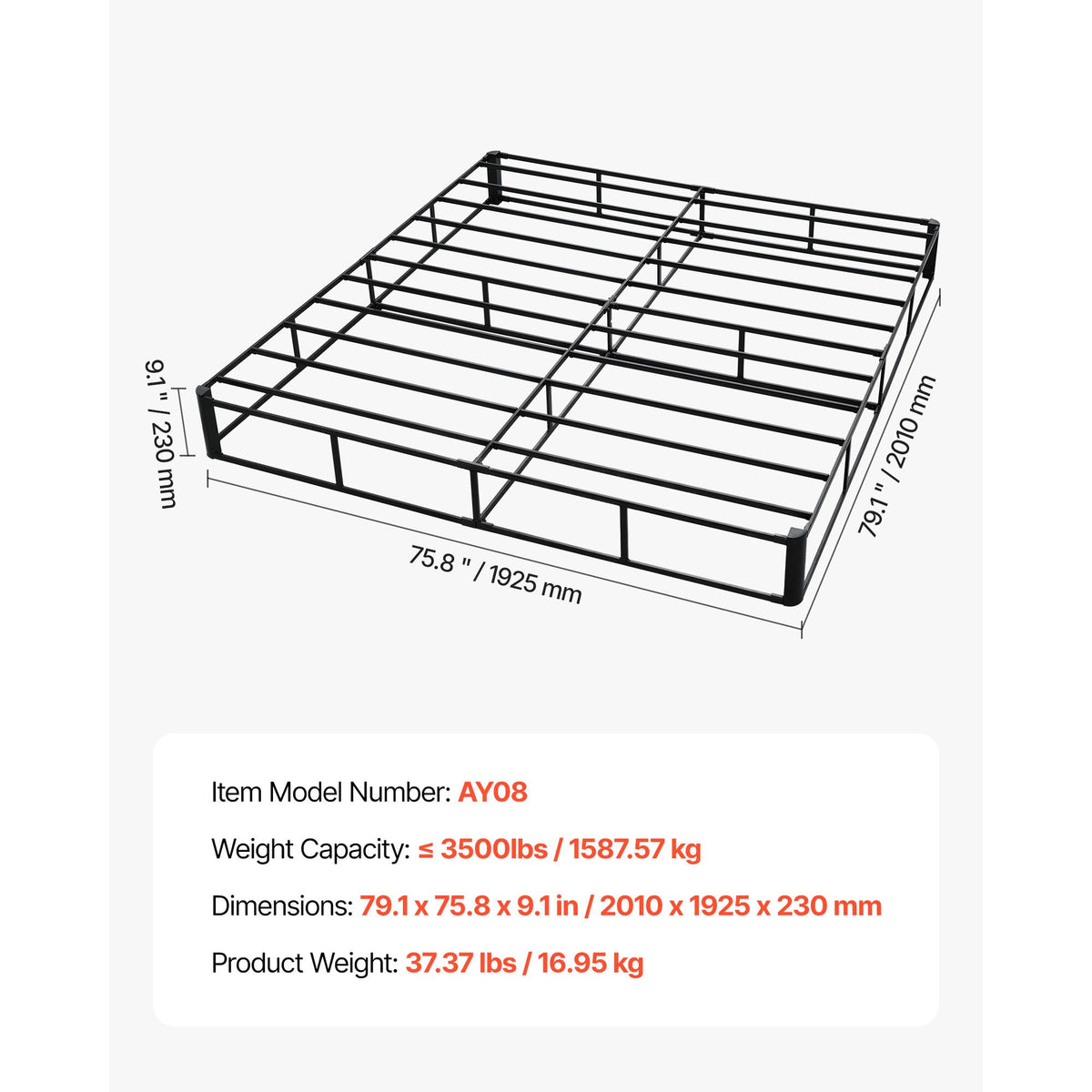 Box Spring, King Size Bed Frame with Washable Fabric Cloth, Heavy Duty Metal Frame for King Bed, 230 mm Mattress Foundation, 1587.57 kg Max Weight Capacity, Easy Assembly, 2010 x 1925 x 230 mm