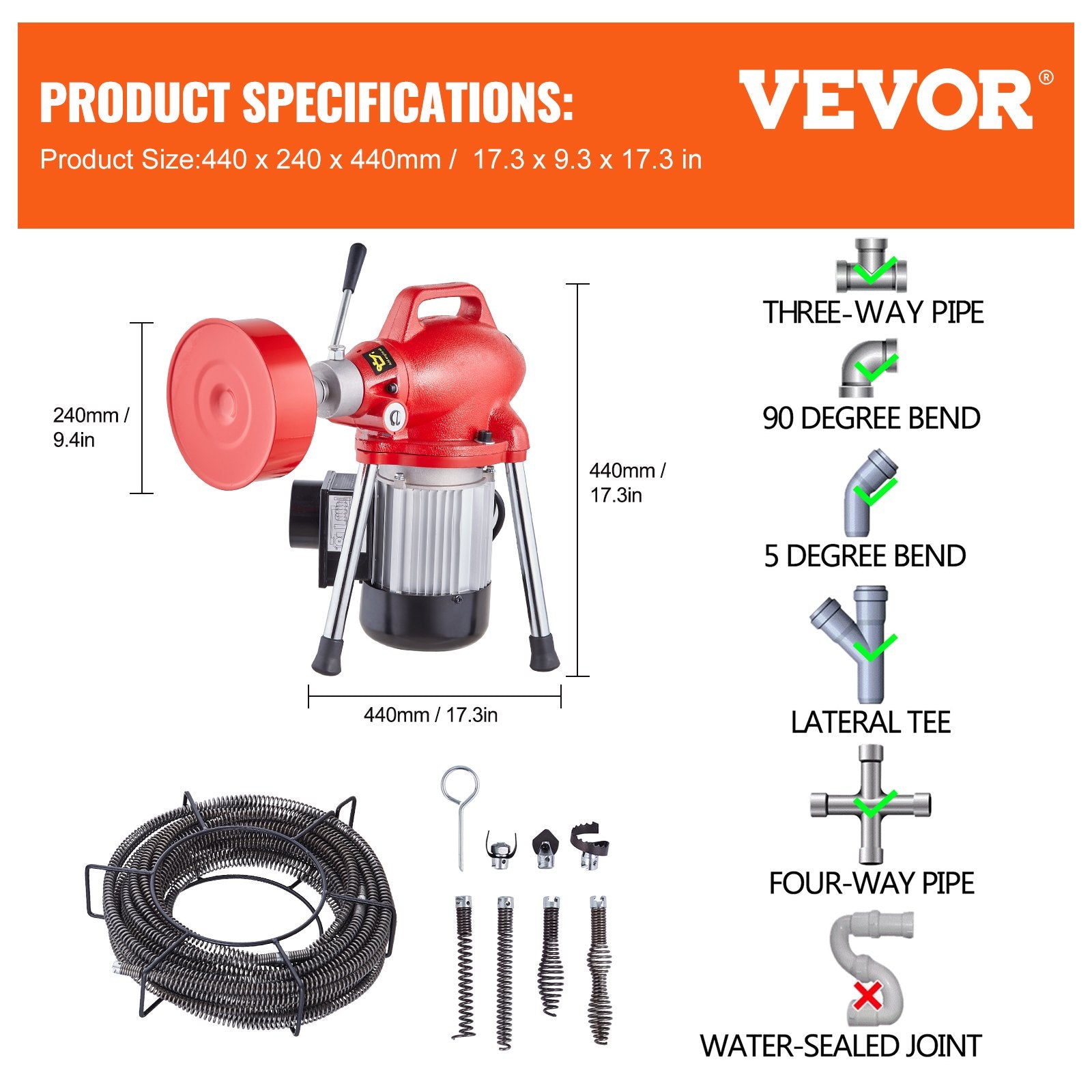 Gardening Tools: VEVOR Drain Cleaner Machine 66FT x 5/8In 250W Sectional Snake Auger Manual Feed