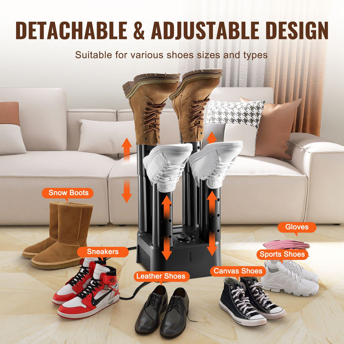 Detachable 4 Tubes Shoe Dryer, Portable Boot Dryer with Timer, Boot Warmers/Dryer with Heat Blower & ABS+PP for Snow Boots, Leather Shoes, Canvas Shoes, Socks, Black & Orange
