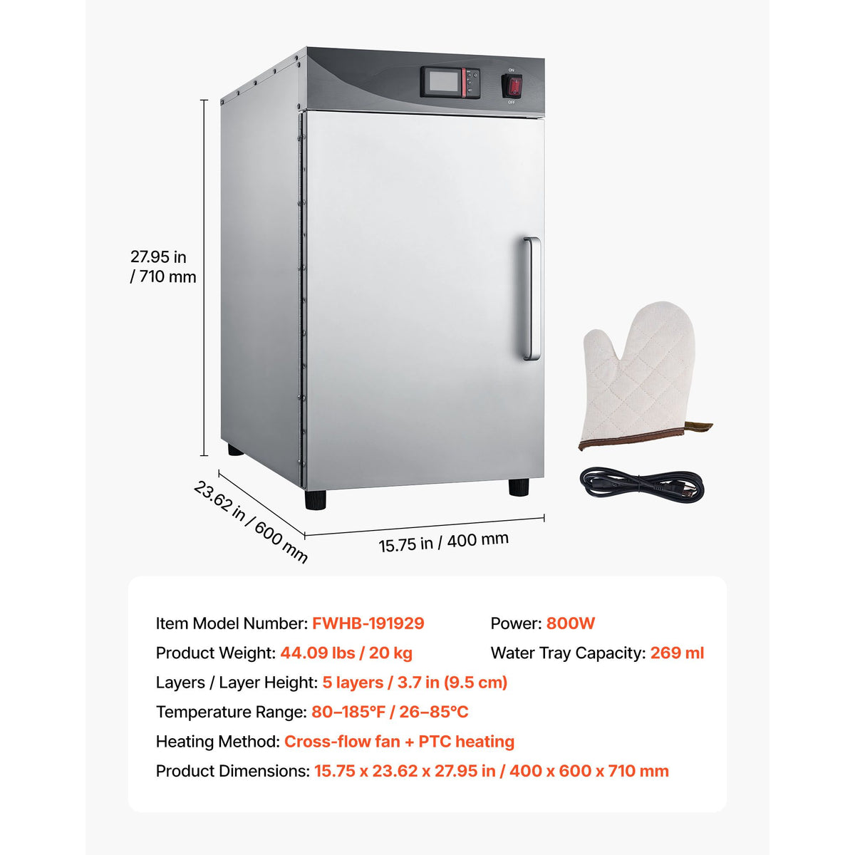 Electric Hot Box Food Warmer, 5-Tier Commercial Warming Cabinet with Water Tray, Single-Door and Adjustable Shelves, Stainless Steel Food Warmer Cabinet, for Restaurant, Kitchen, Pizza, Chicken