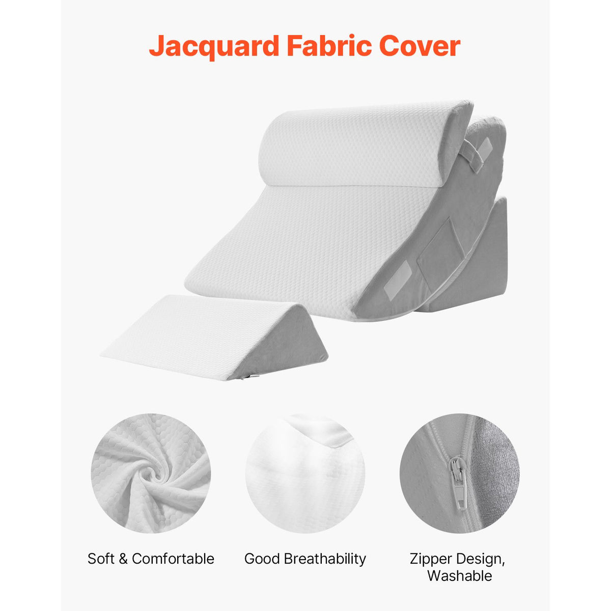 Wedge Pillow for Sleeping, 4 Pcs Adjustable Orthopedic Bed Wedge Set, Support Leg Neck Shoulder, Post Surgery Pillow for Back Pain, Acid Reflux, Snoring Relief, Sitting up in Bed, White/Grey