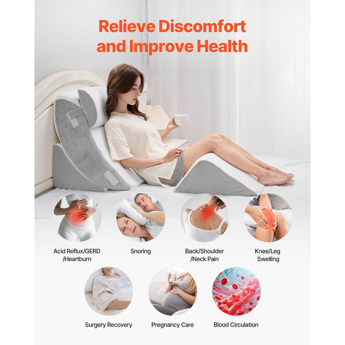 Wedge Pillow for Sleeping, 4 Pcs Adjustable Orthopedic Bed Wedge Set, Support Leg Neck Shoulder, Post Surgery Pillow for Back Pain, Acid Reflux, Snoring Relief, Sitting up in Bed, White/Grey