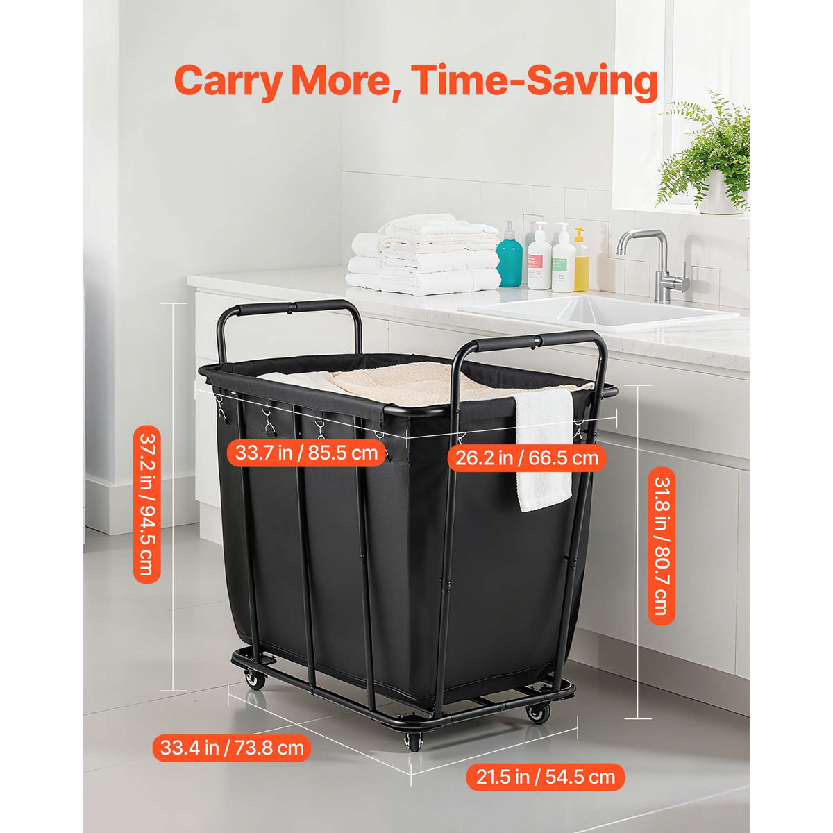Laundry Cart, Rolling Grocery Utility Cart with Waterproof Liner & Swivel Wheels, 118 KG Large Load Capacity, Heavy Duty Shopping Basket for Laundry, Shopping, Camping, Grocery, Luggage, Black